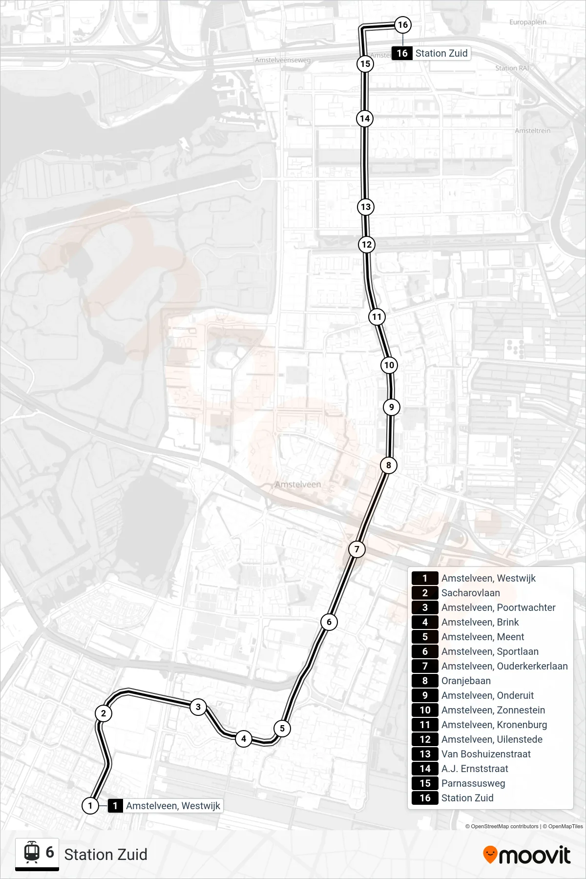 6 light rail Line (Station Zuid) route and stops on a map