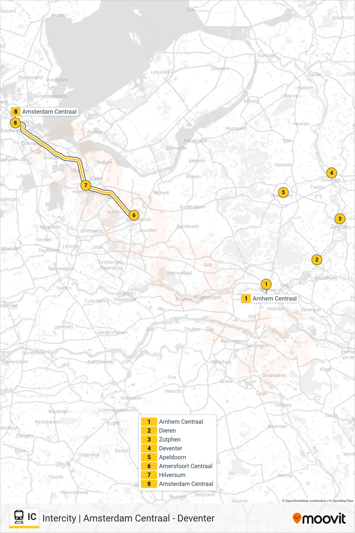 IC rail Line (Amsterdam Centraal) route and stops on a map