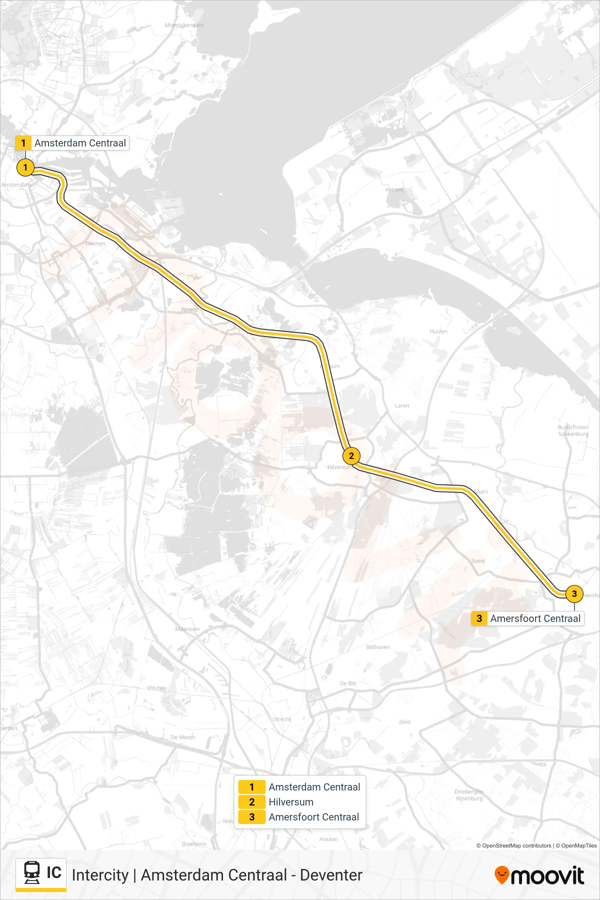 IC train Line (Amersfoort Centraal) route and stops on a map