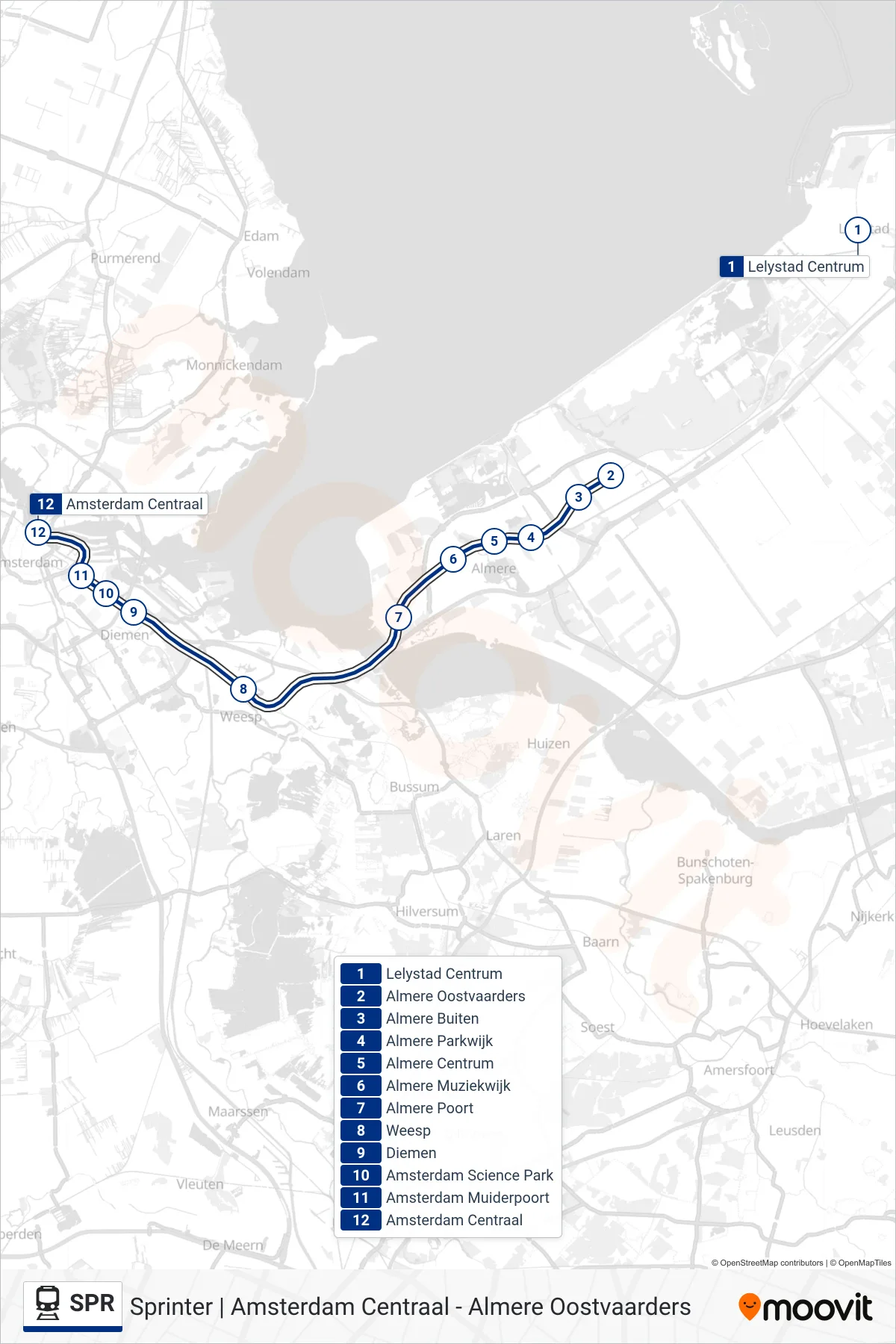 Lijn SPR (trein, Amsterdam Centraal): route en haltes op de kaart