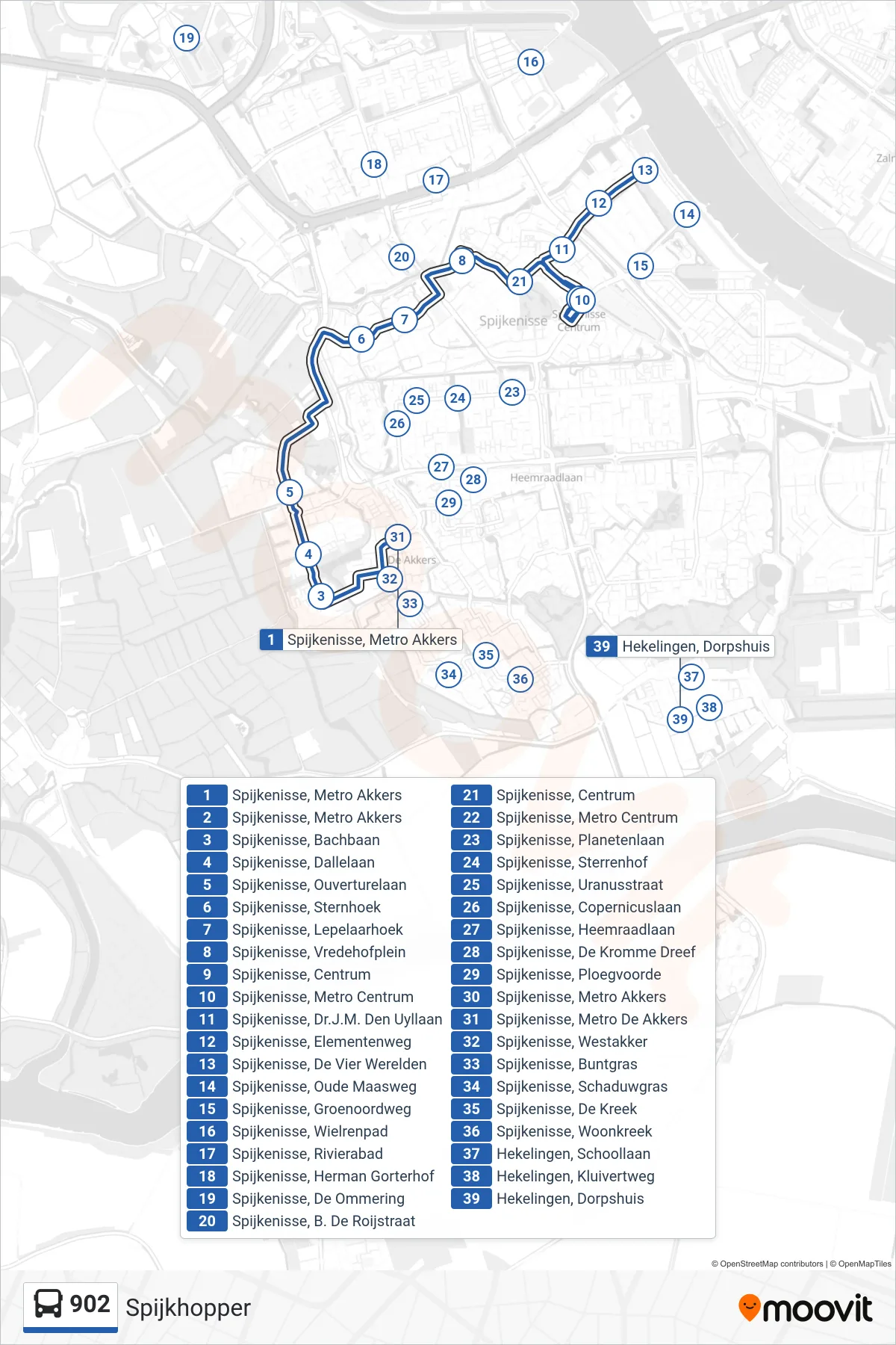 Lijn 902 (bus, Spijkhopper): route en haltes op de kaart