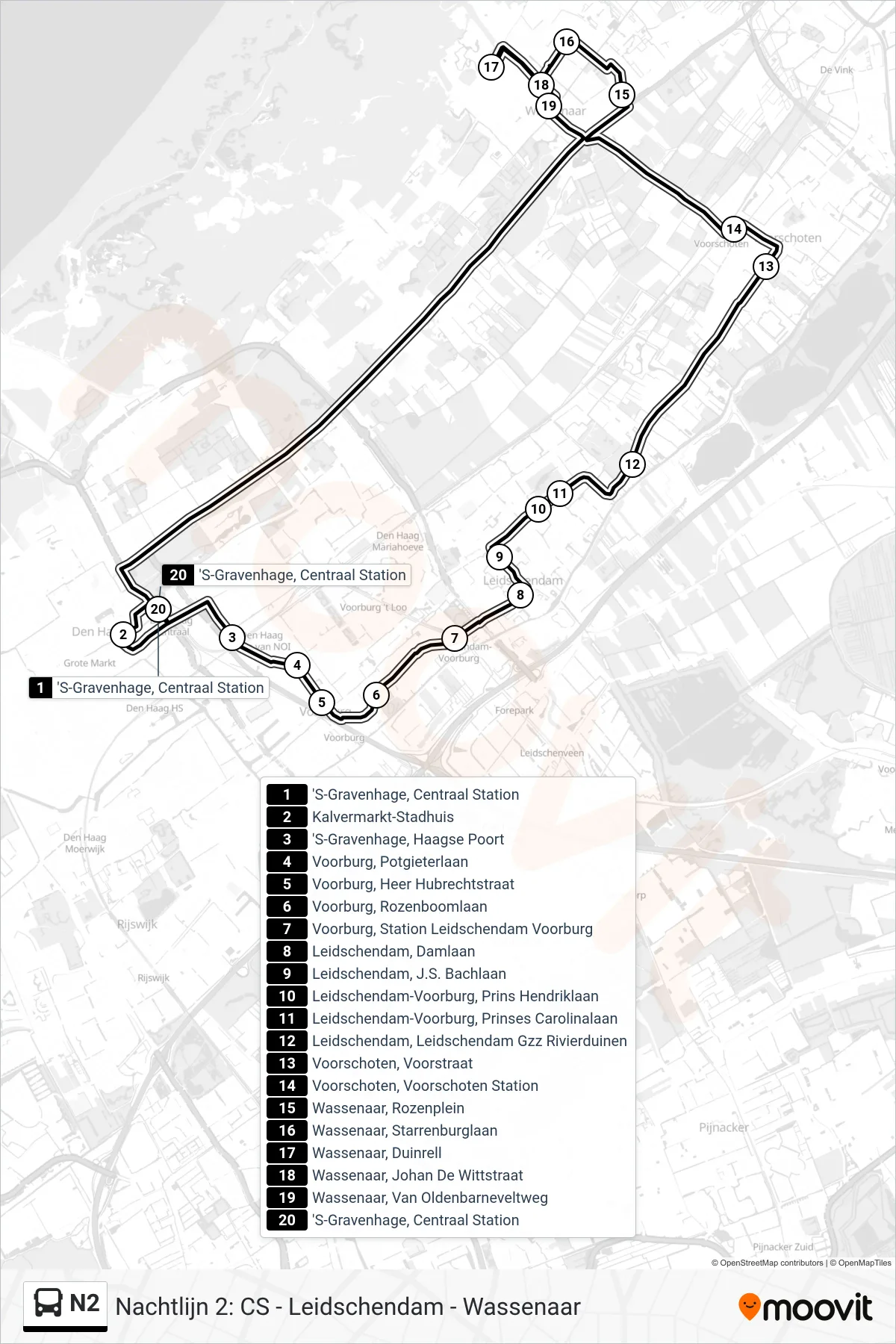 Lijn N2 (bus, Wassenaar): route en haltes op de kaart