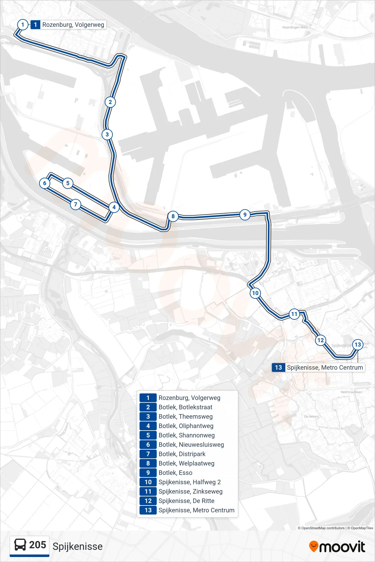 Lijn 205 (bus, Spijkenisse): route en haltes op de kaart