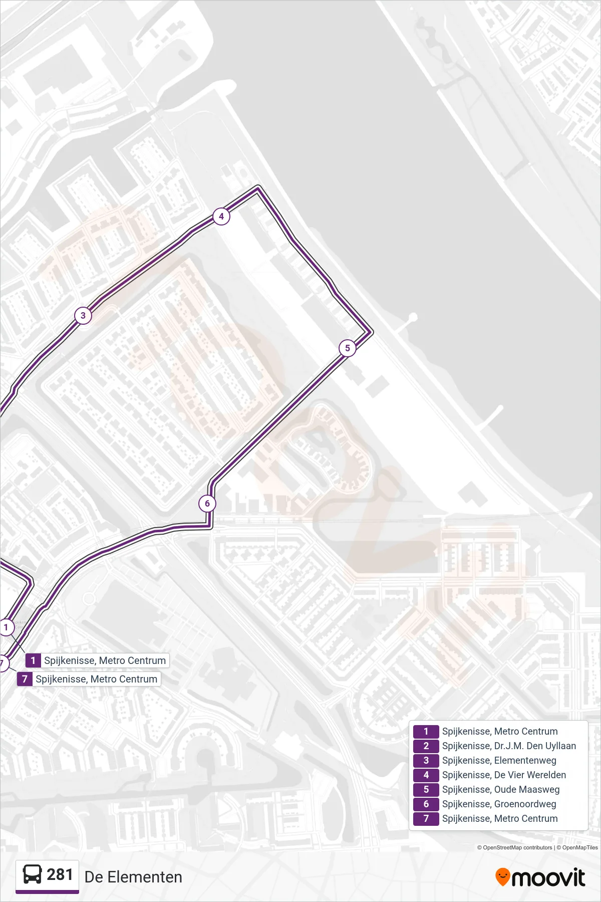 Lijn 281 (bus, De Elementen): route en haltes op de kaart