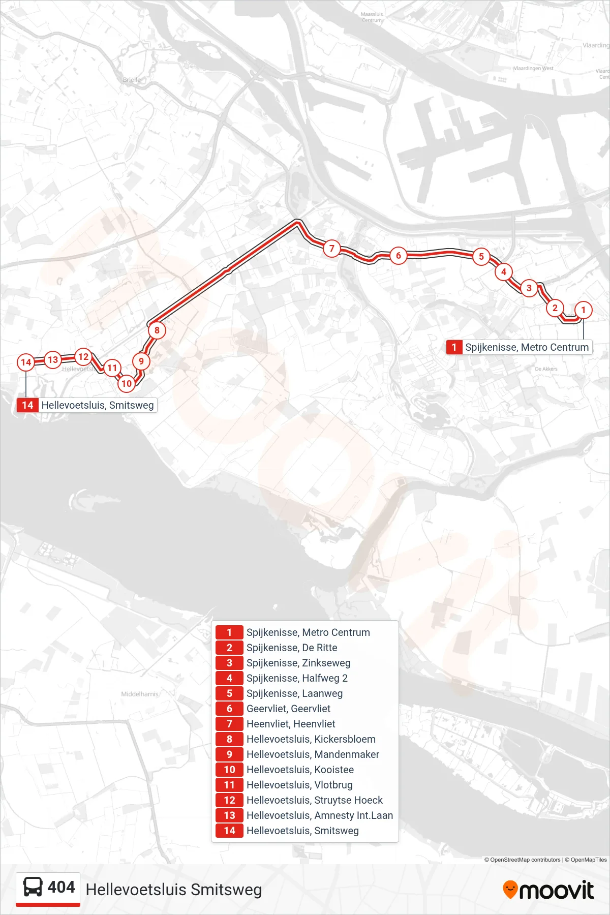 Lijn 404 (bus, Hellevoetsluis Smitsweg): route en haltes op de kaart