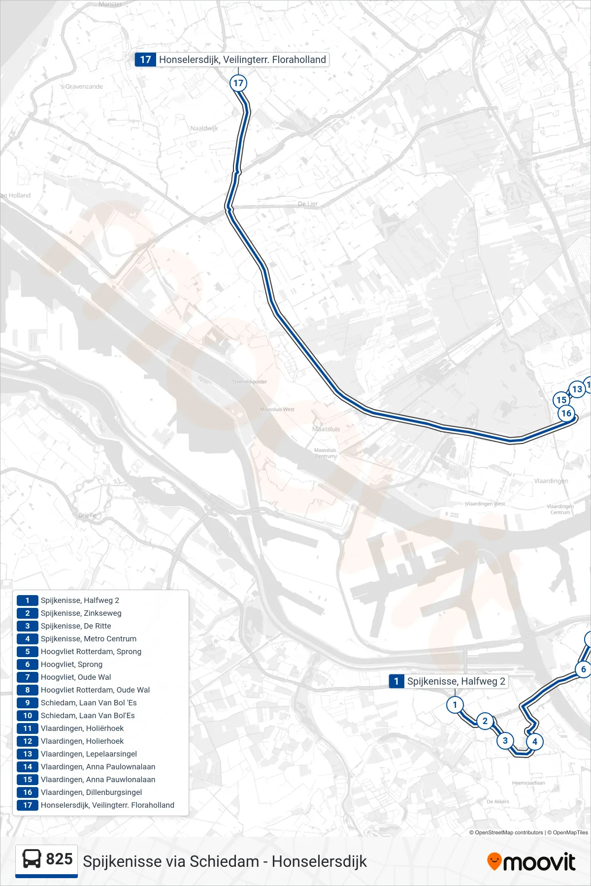 Lijn 825 (bus, Honselersdijk Bloemenveiling): route en haltes op de kaart