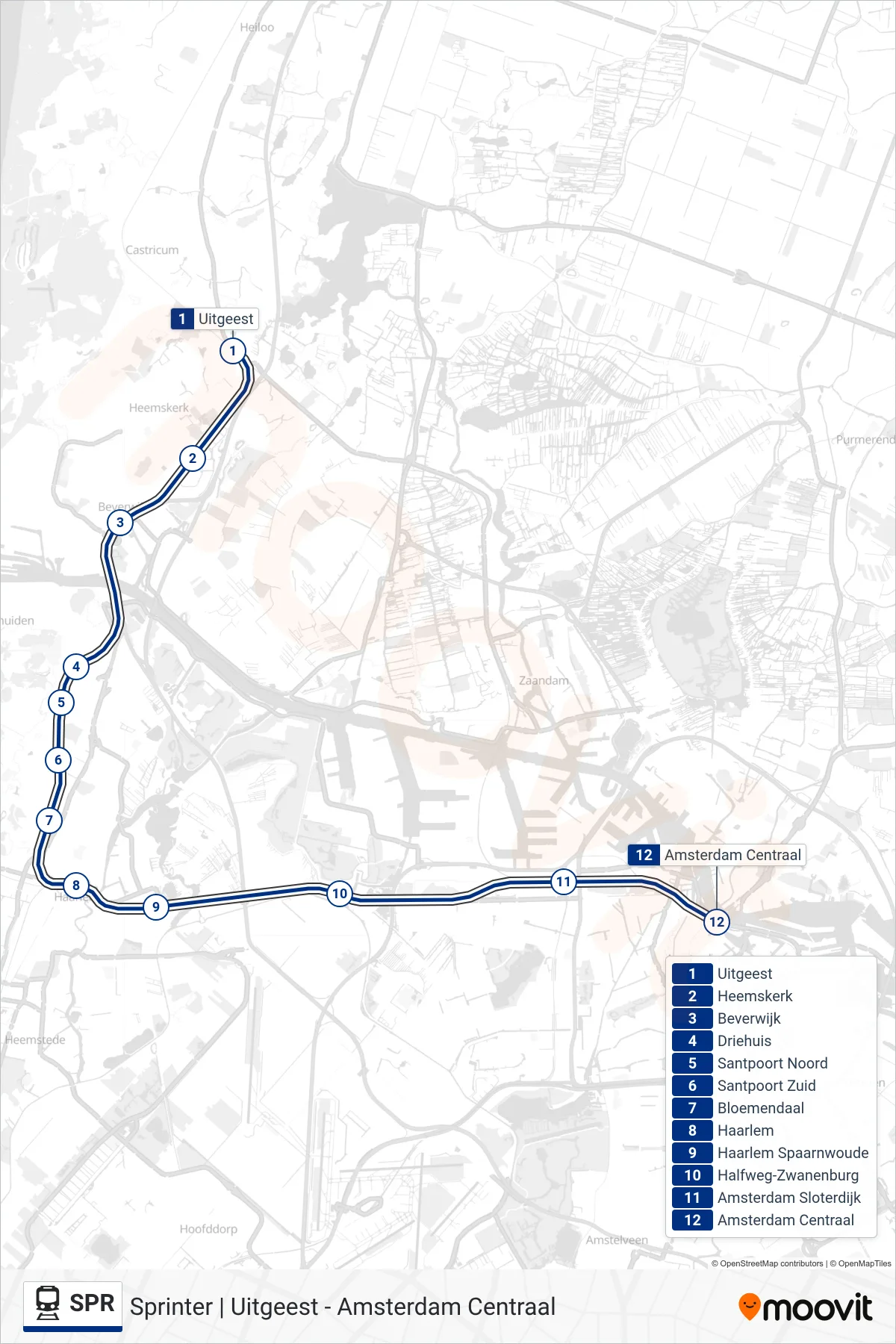 Lijn SPR (trein, Amsterdam Centraal): route en haltes op de kaart