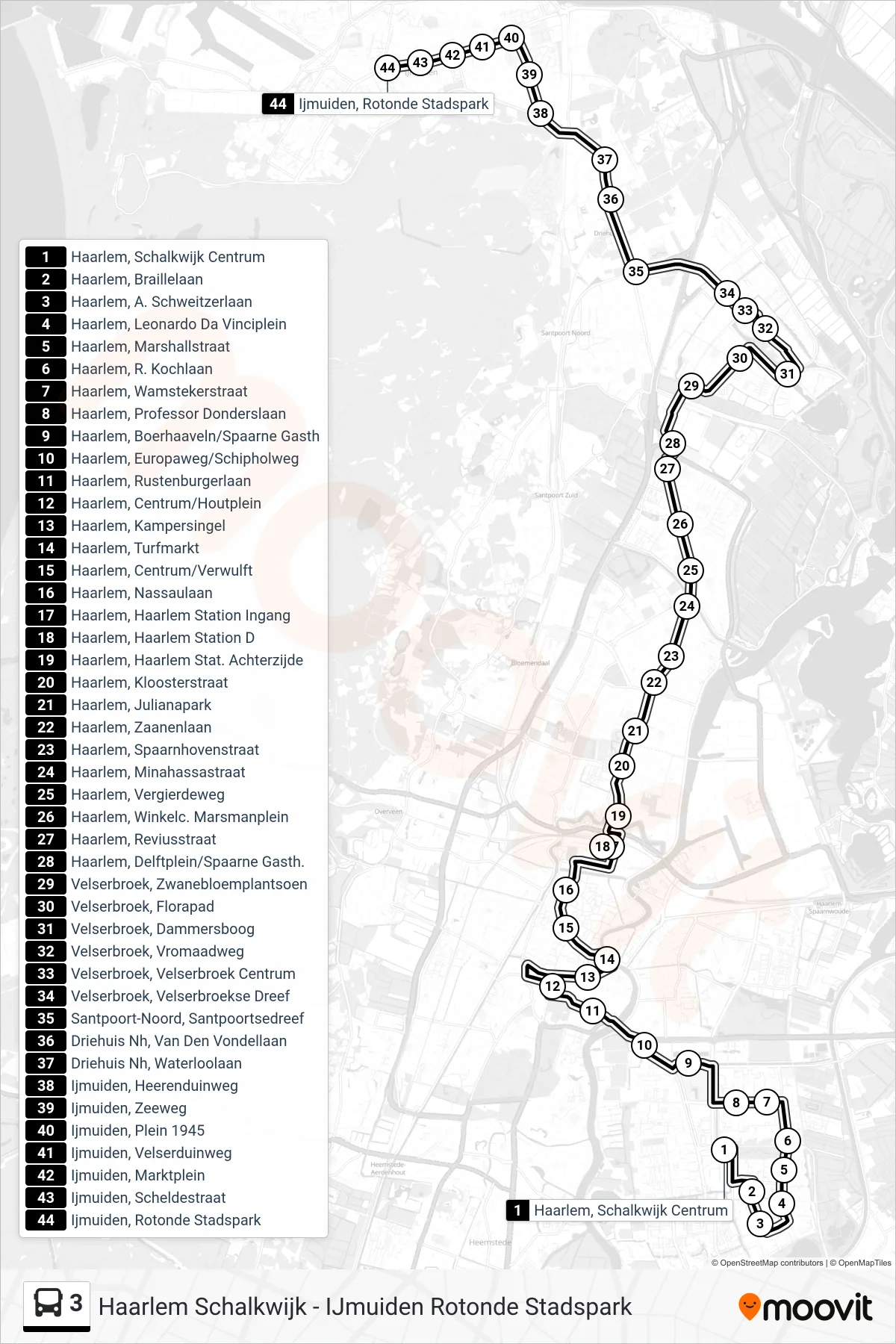 Lijn 3 (bus, Ijmuiden Rotonde Stadspark): route en haltes op de kaart