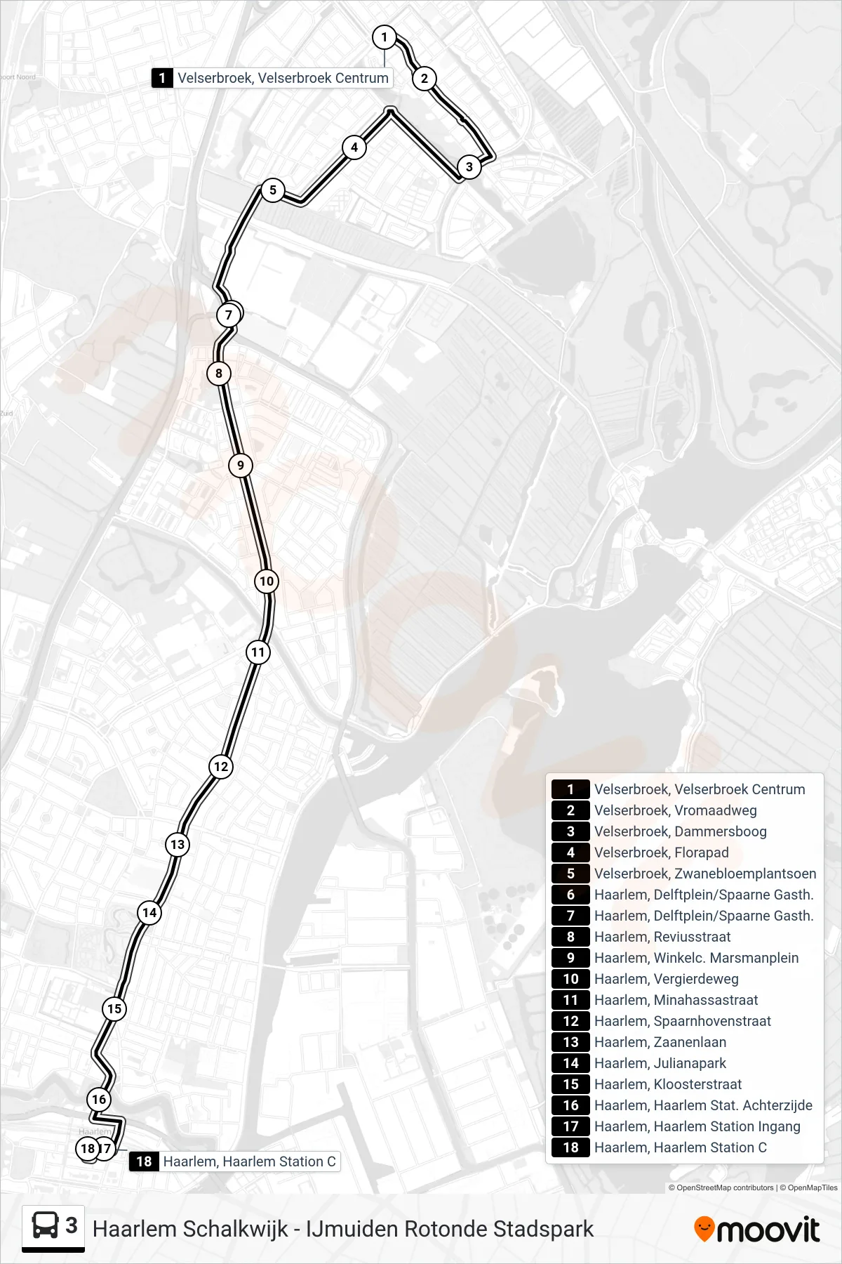 Lijn 3 (bus, Haarlem Station): route en haltes op de kaart
