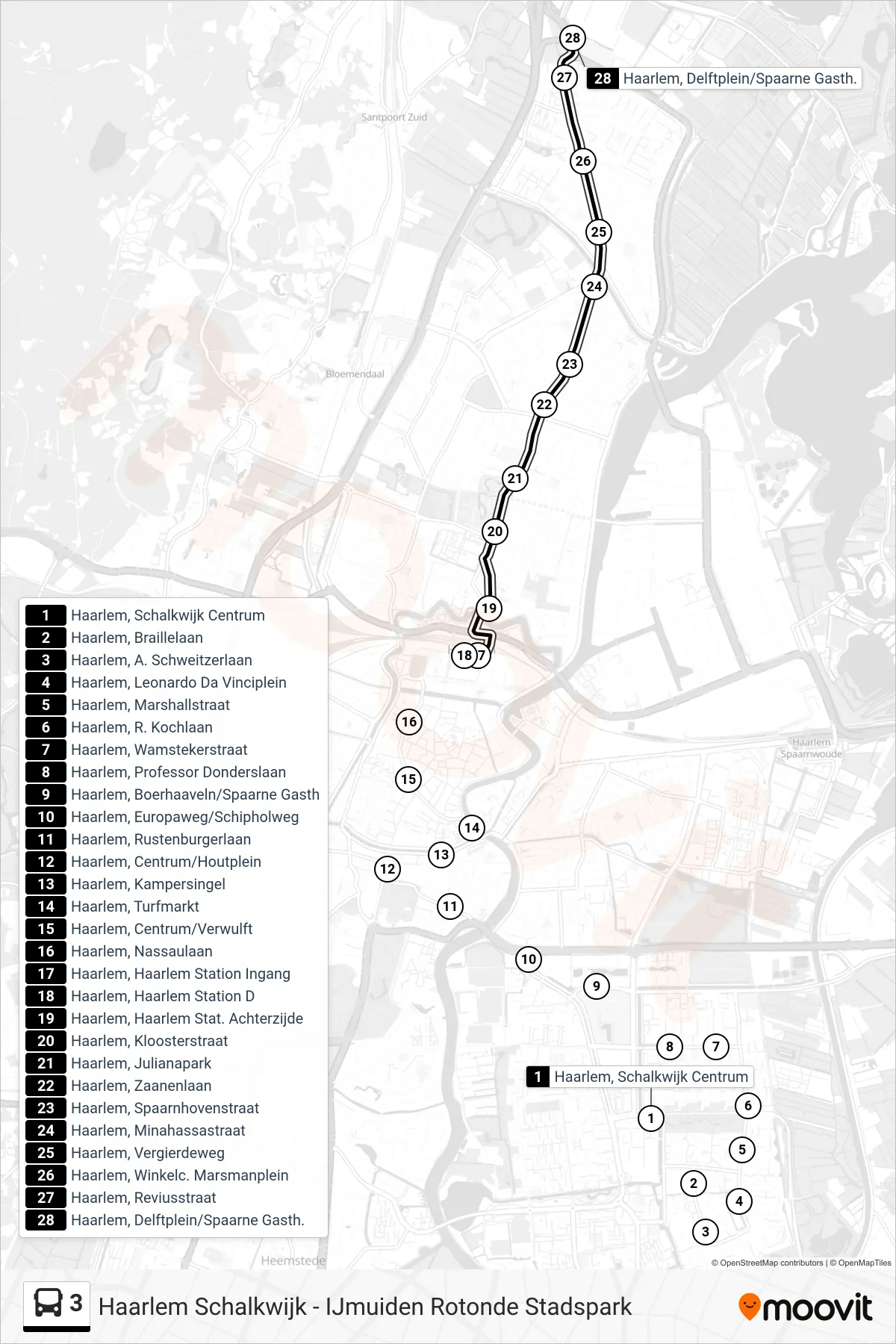 Lijn 3 (bus, Haarlem Delftplein): route en haltes op de kaart