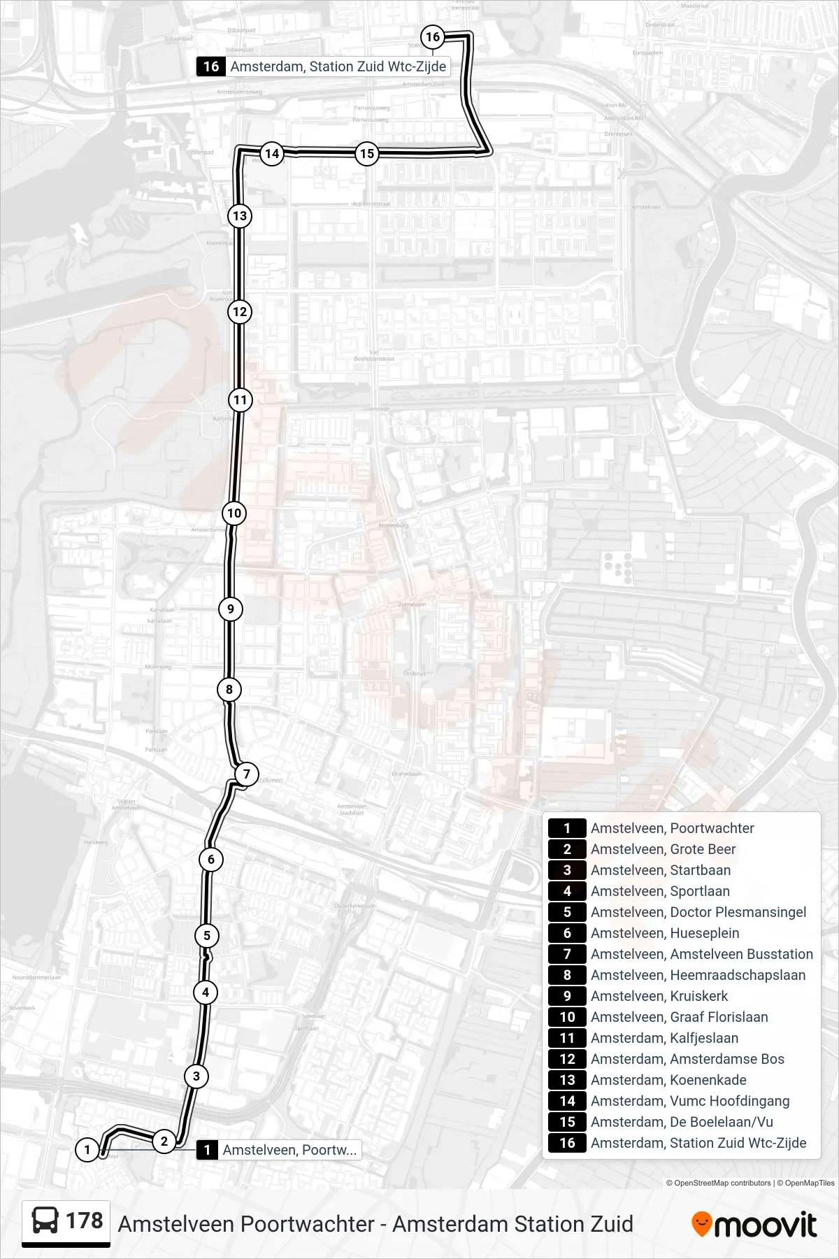 Lijn 178 (bus, Station Zuid Amsterdam): route en haltes op de kaart