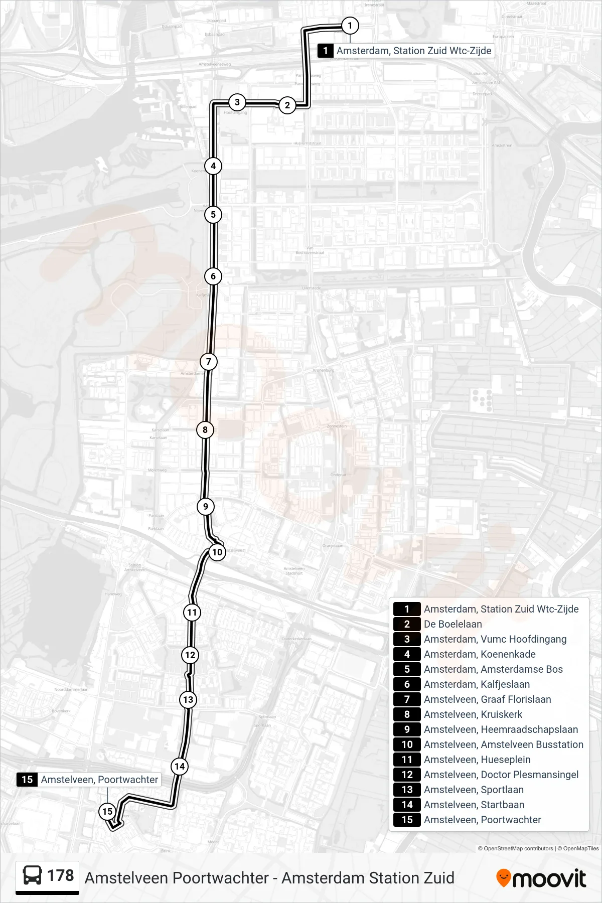 Lijn 178 (bus, Poortwachter Amstelveen): route en haltes op de kaart