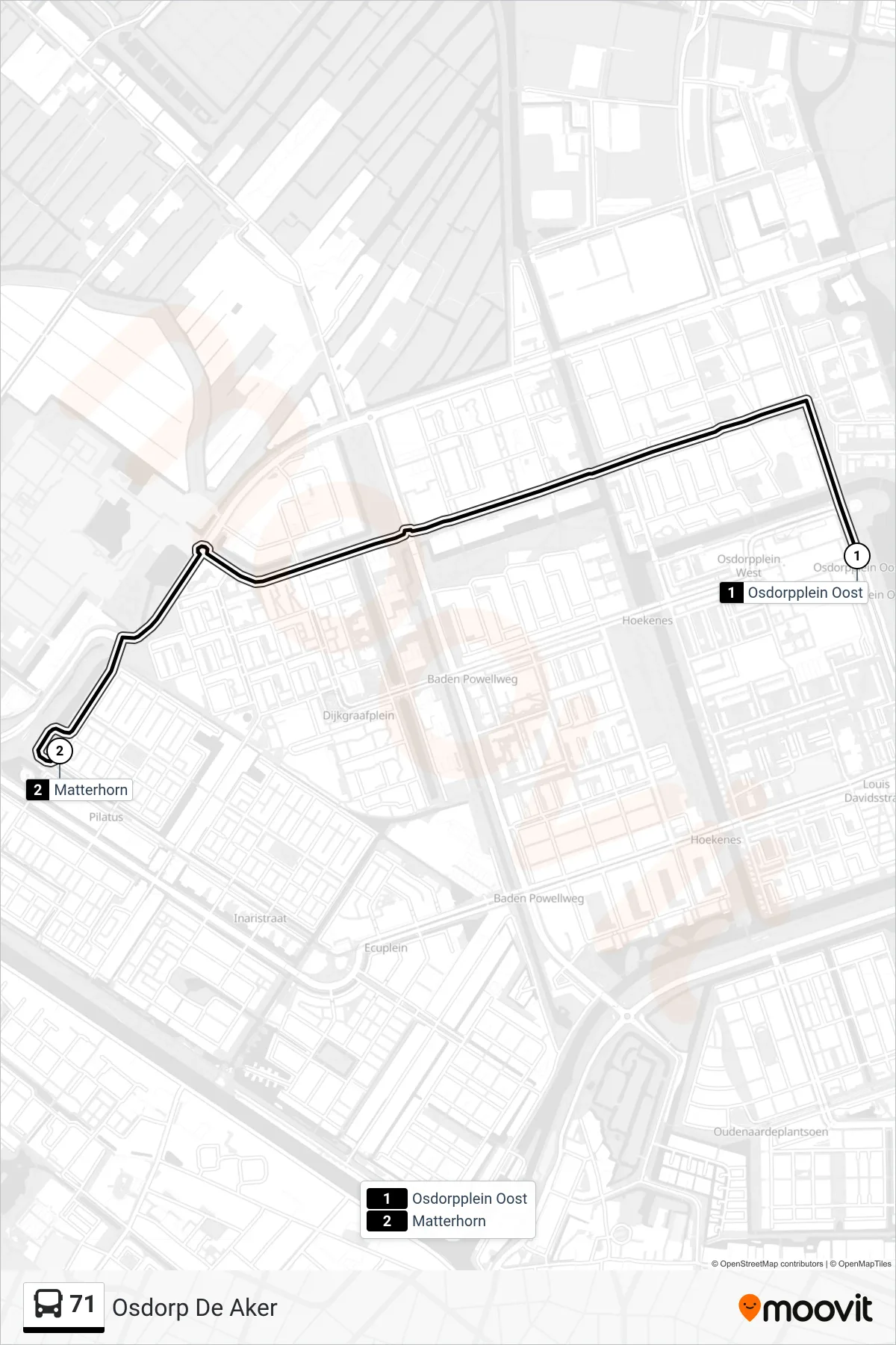 Lijn 71 (bus, Osdorp De Aker): route en haltes op de kaart