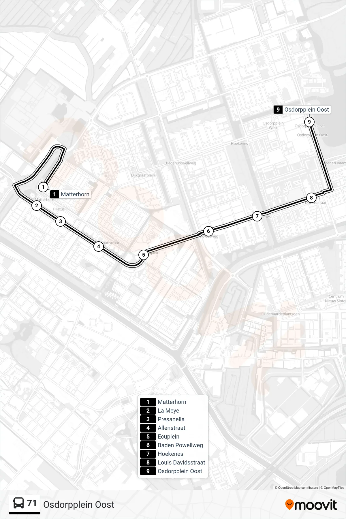 Lijn 71 (bus, Osdorpplein Oost): route en haltes op de kaart