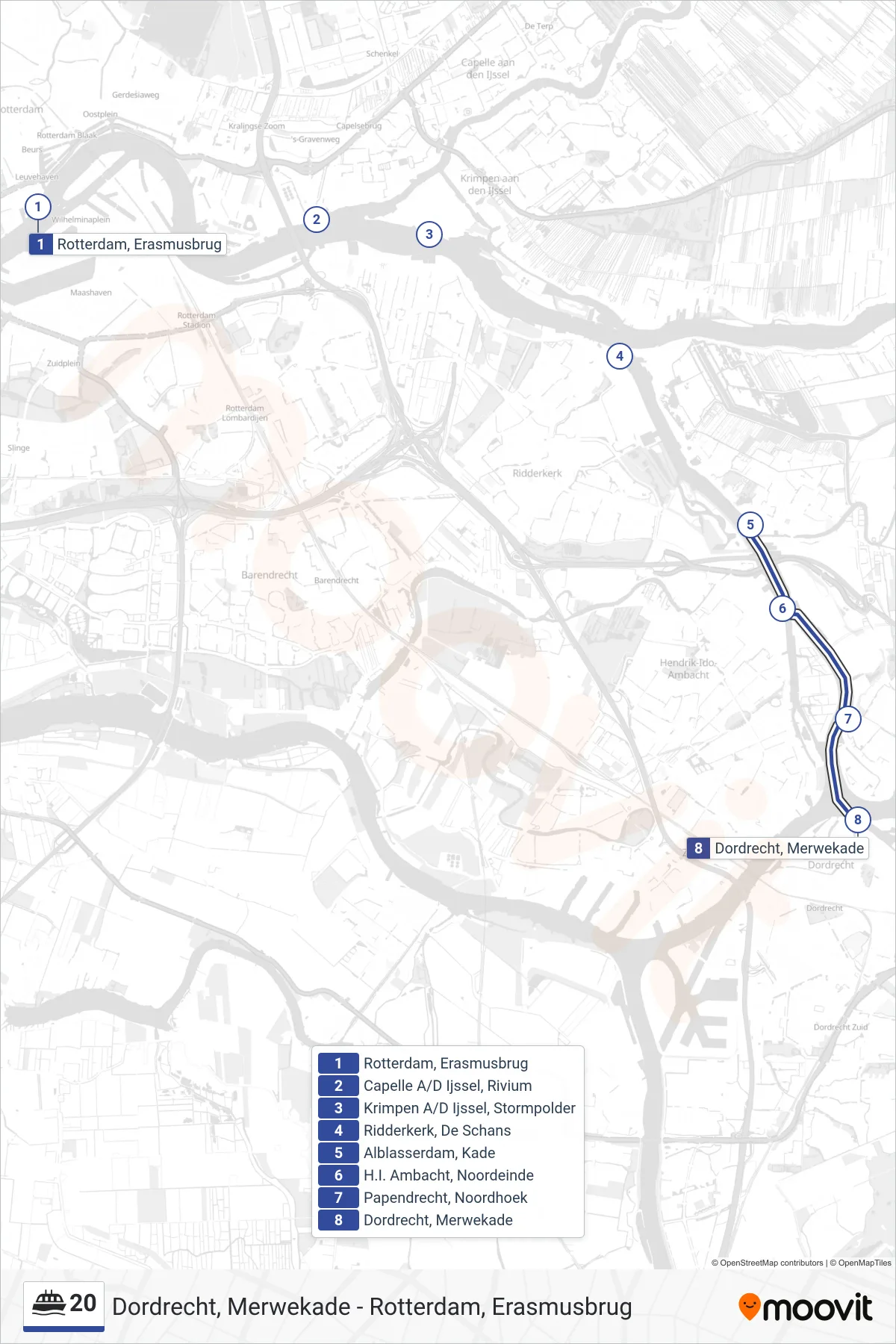 20 ferry Line (Dordrecht Merwekade) route and stops on a map