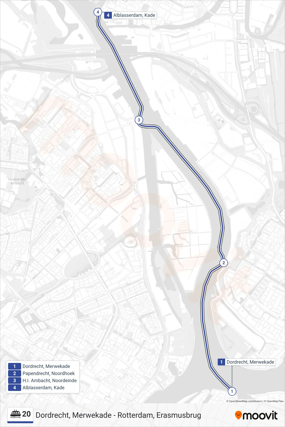 20 ferry Line (Alblasserdam Kade) route and stops on a map