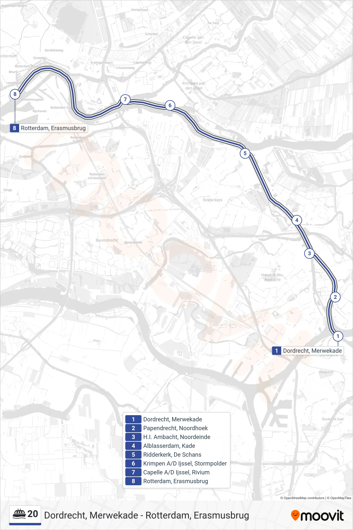 Lijn 20 (veerboot, Rotterdam Erasmusbrug): route en haltes op de kaart