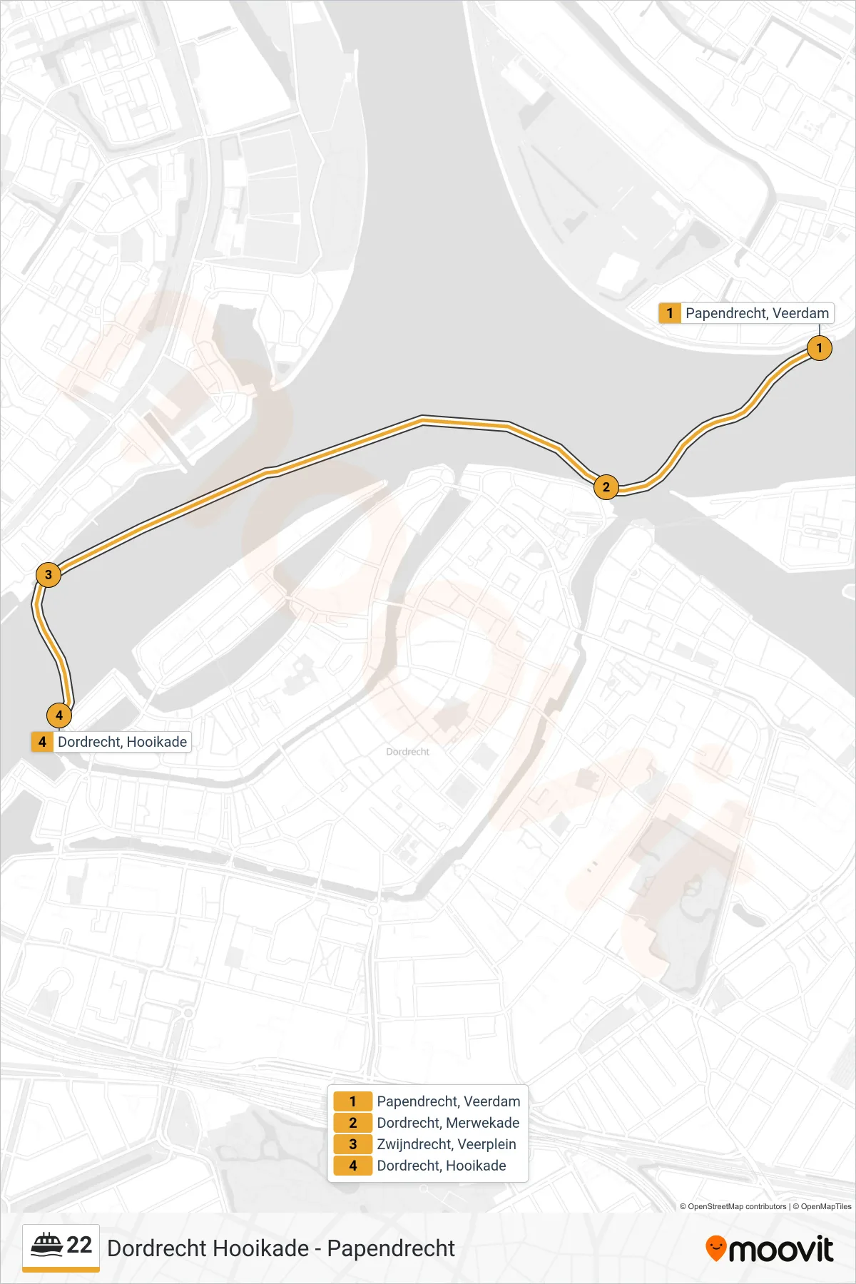 Lijn 22 (veerboot, Dordrecht Hooikade): route en haltes op de kaart