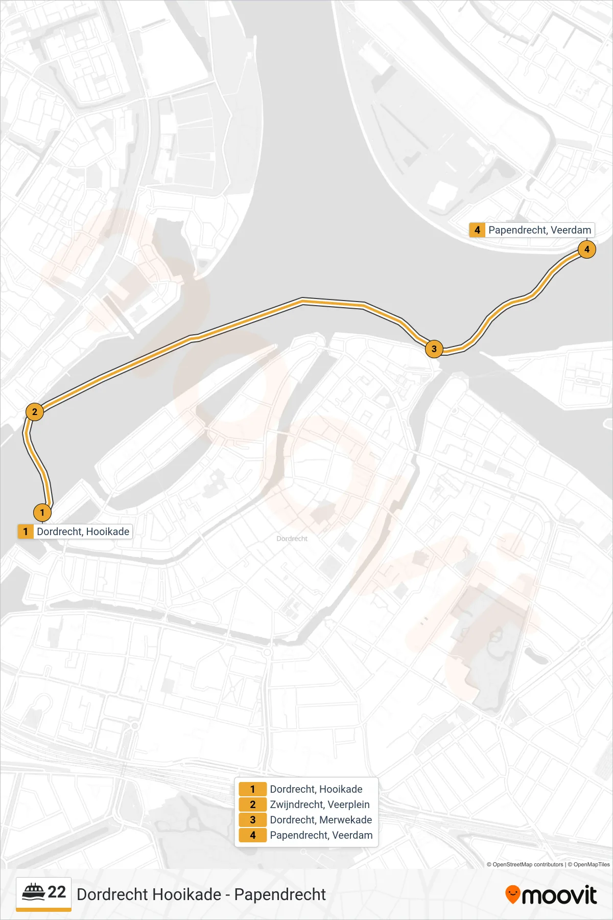 22 ferry Line (Papendrecht Veerdam) route and stops on a map