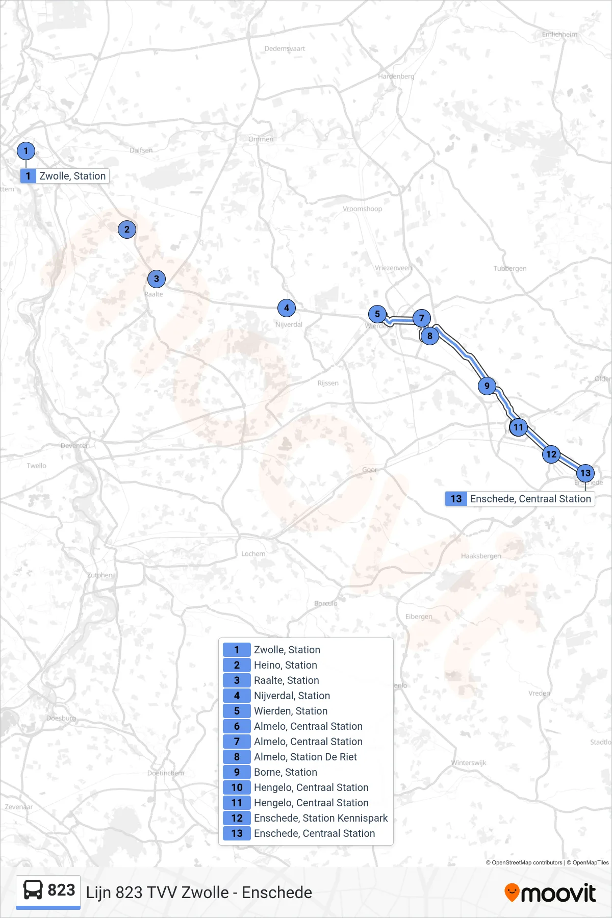 Lijn 823 (tram, Enschede): route en haltes op de kaart