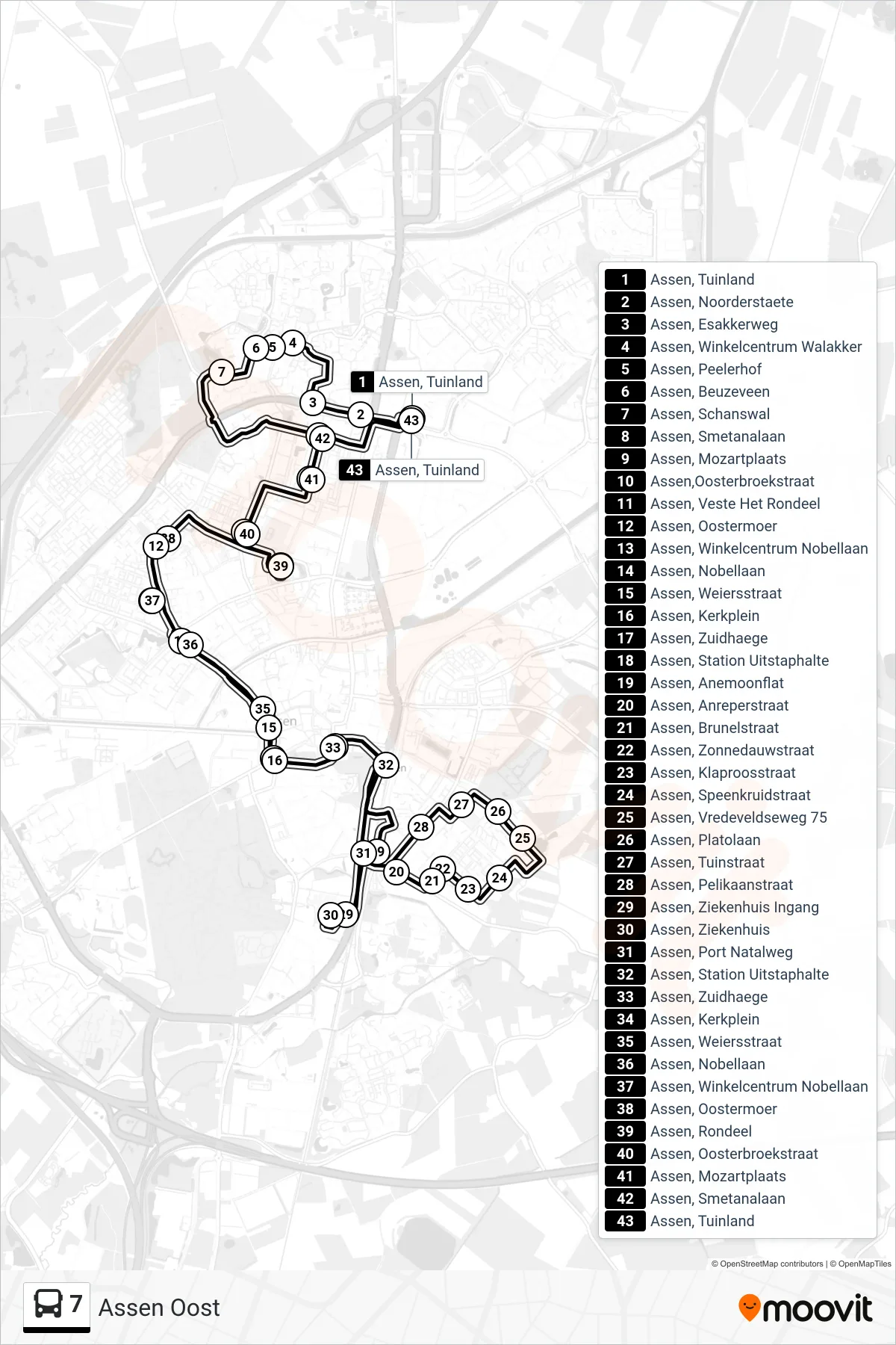 Lijn 7 (bus, Assen Oost): route en haltes op de kaart