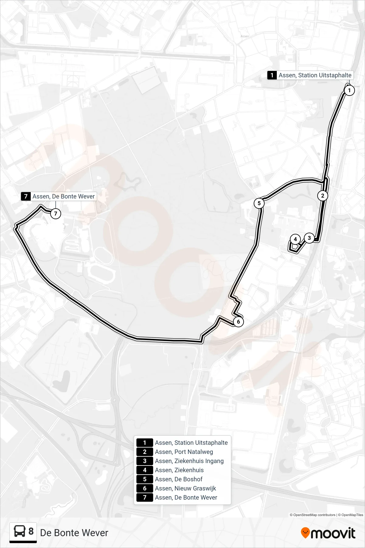 Lijn 8 (bus, De Bonte Wever): route en haltes op de kaart