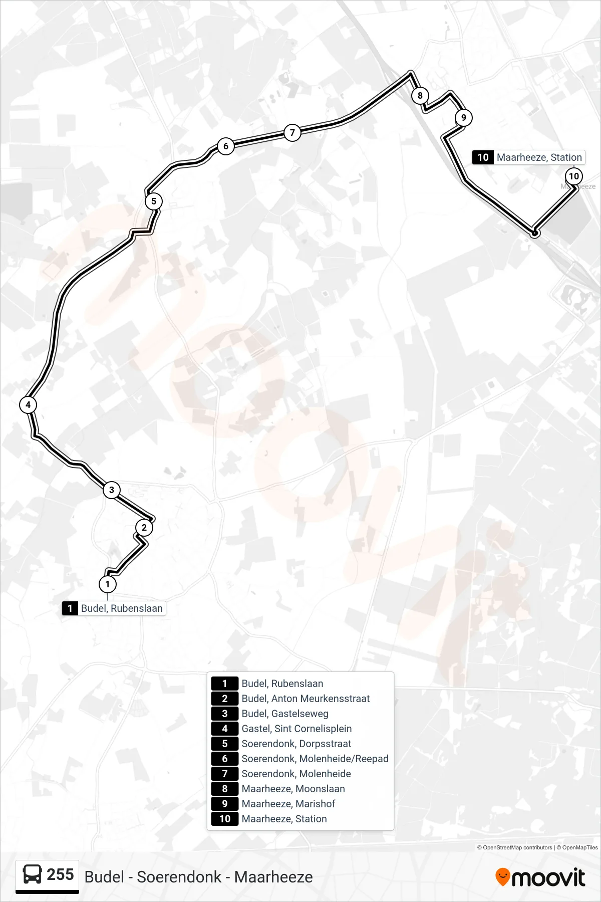 Lijn 255 (bus, Maarheeze): route en haltes op de kaart