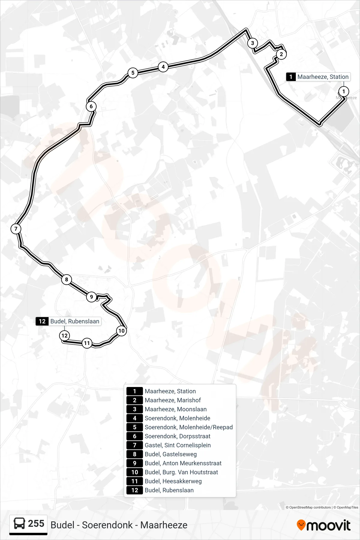 Lijn 255 (bus, Budel): route en haltes op de kaart