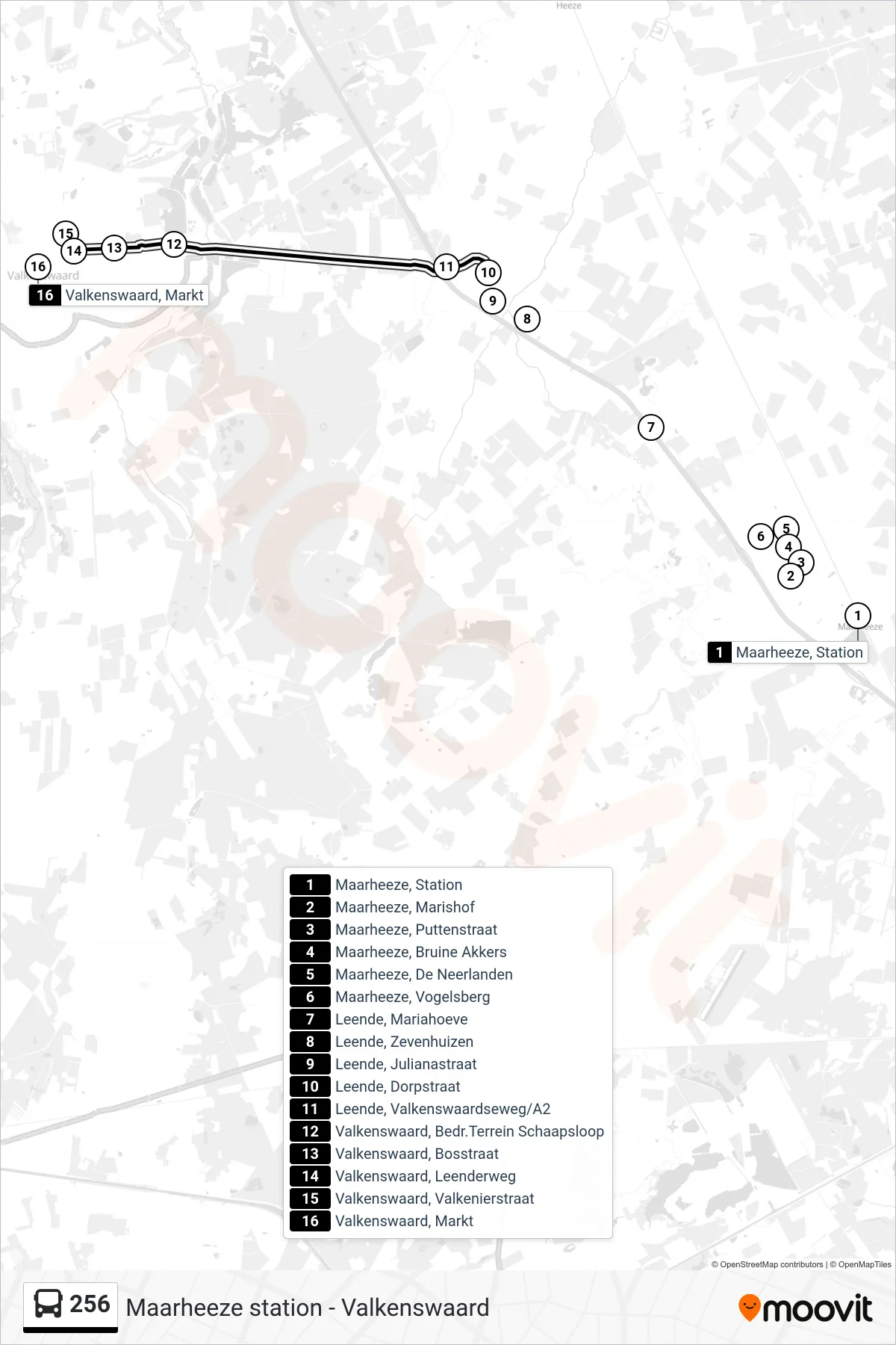 Lijn 256 (bus, Valkenswaard): route en haltes op de kaart