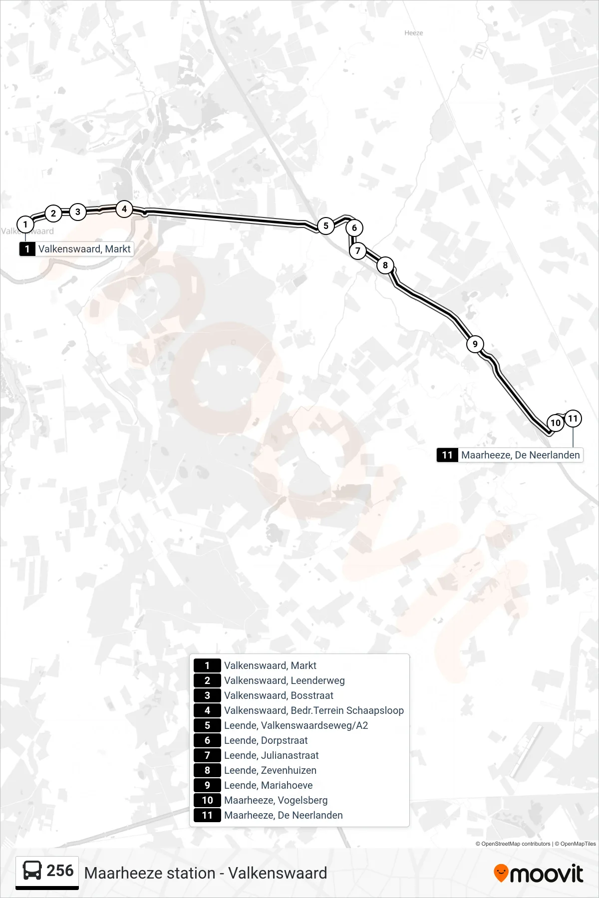 Lijn 256 (bus, Maarheeze De Neerlanden): route en haltes op de kaart