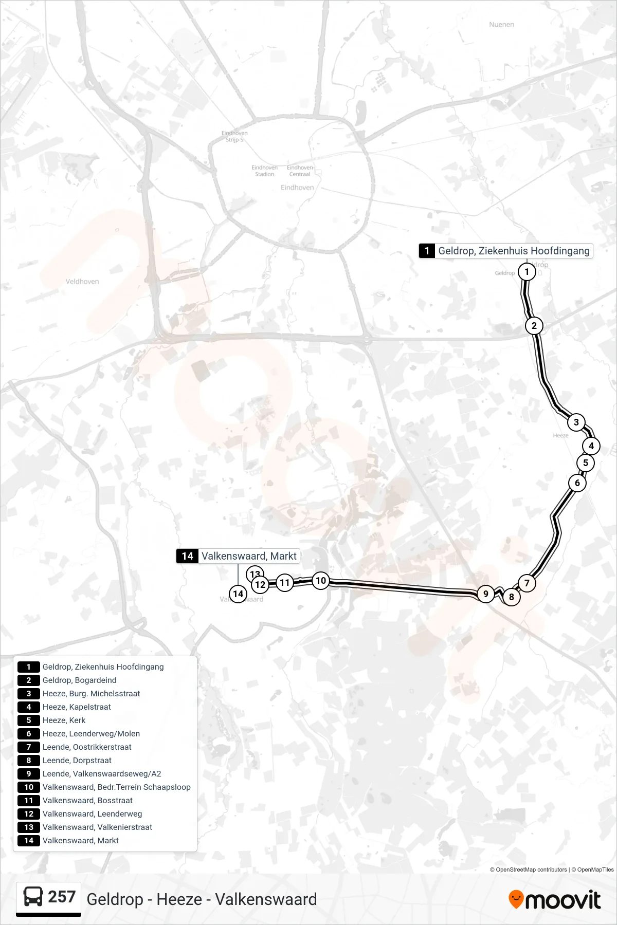 Lijn 257 (bus, Valkenswaard): route en haltes op de kaart
