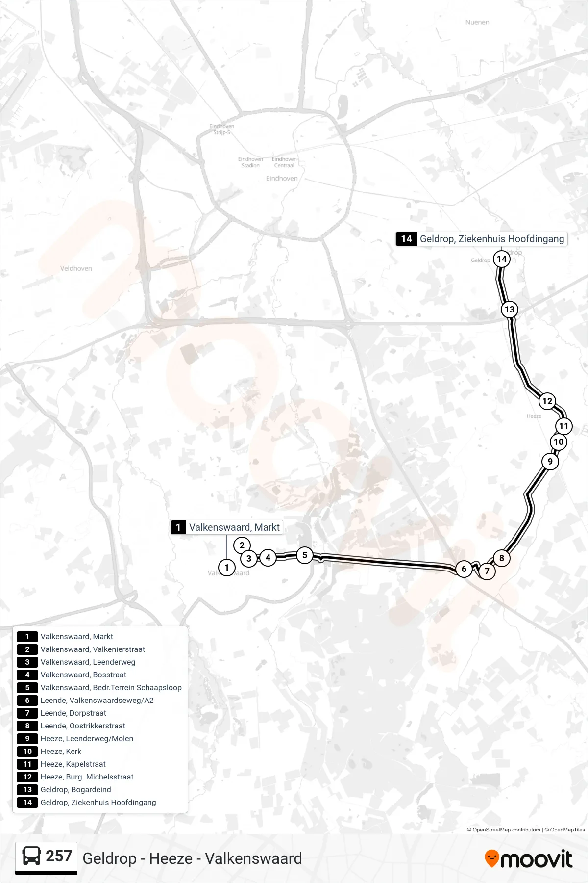 Lijn 257 (bus, Geldrop Ziekenh): route en haltes op de kaart