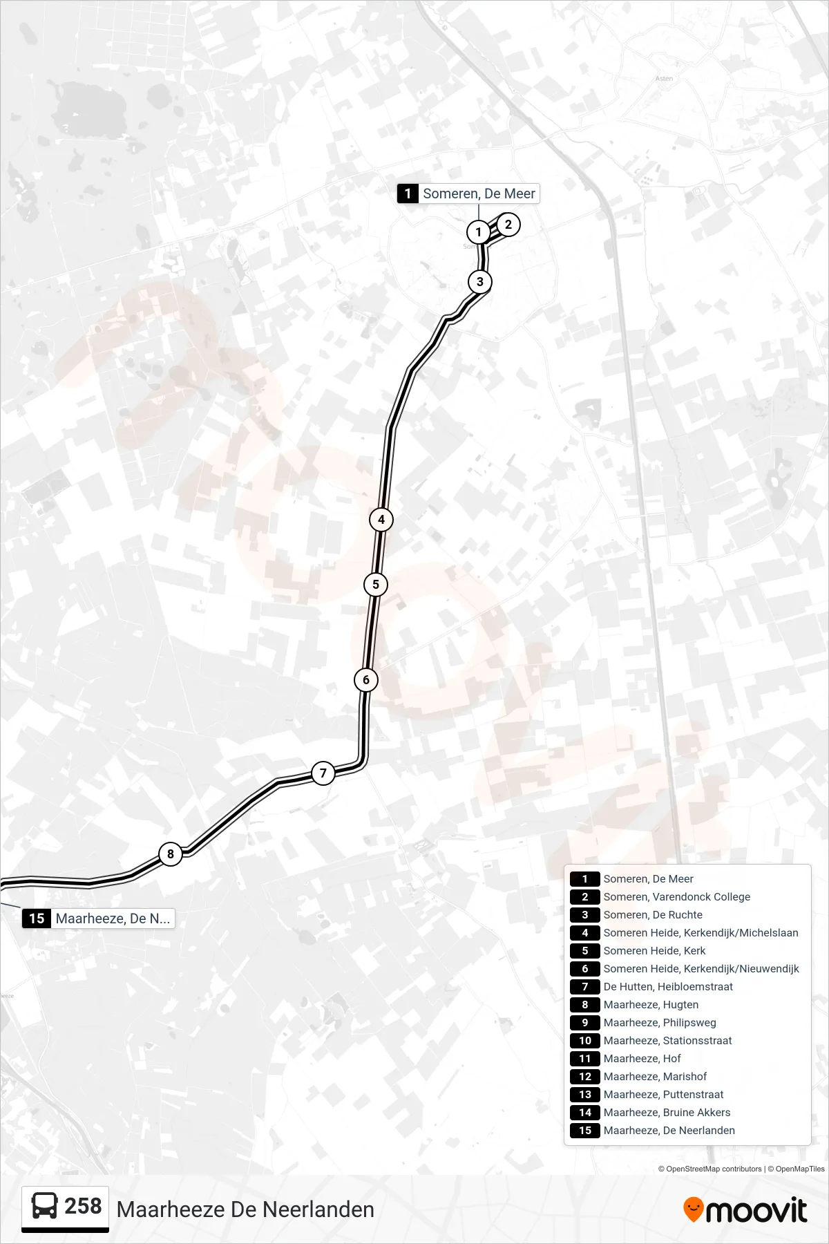 258 bus Line (Maarheeze De Neerlanden) route and stops on a map