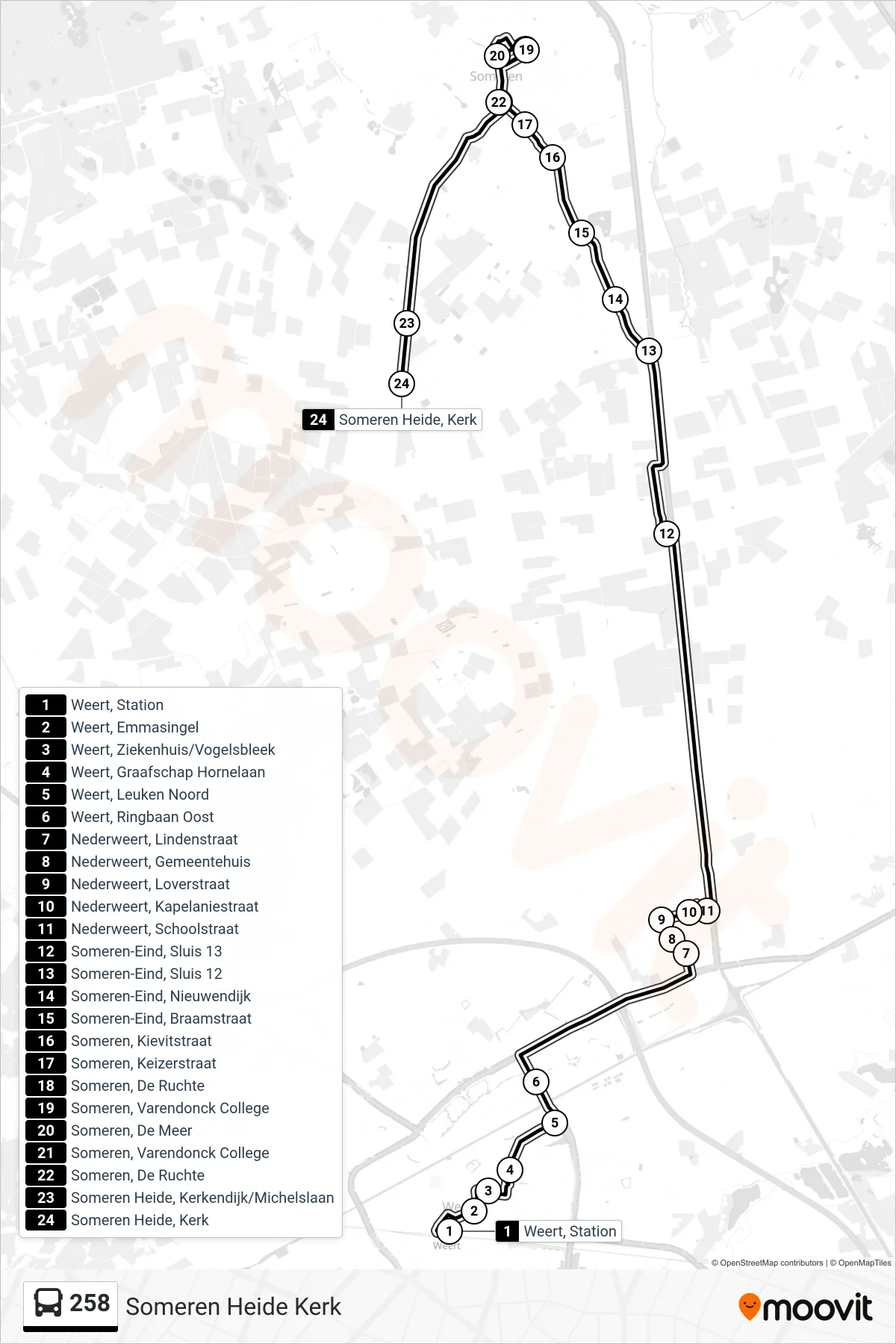 258 bus Line (Someren Heide Kerk) route and stops on a map