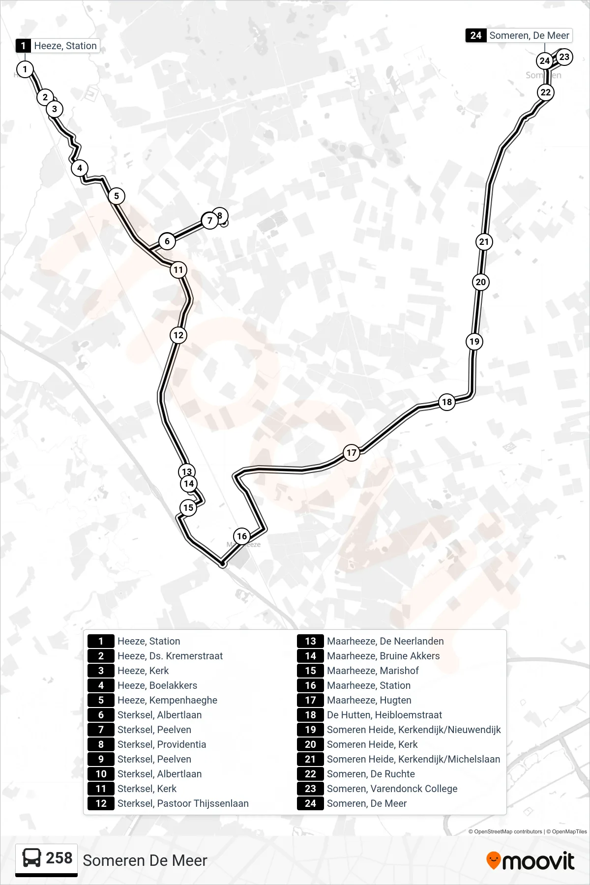 Lijn 258 (bus, Someren De Meer): route en haltes op de kaart