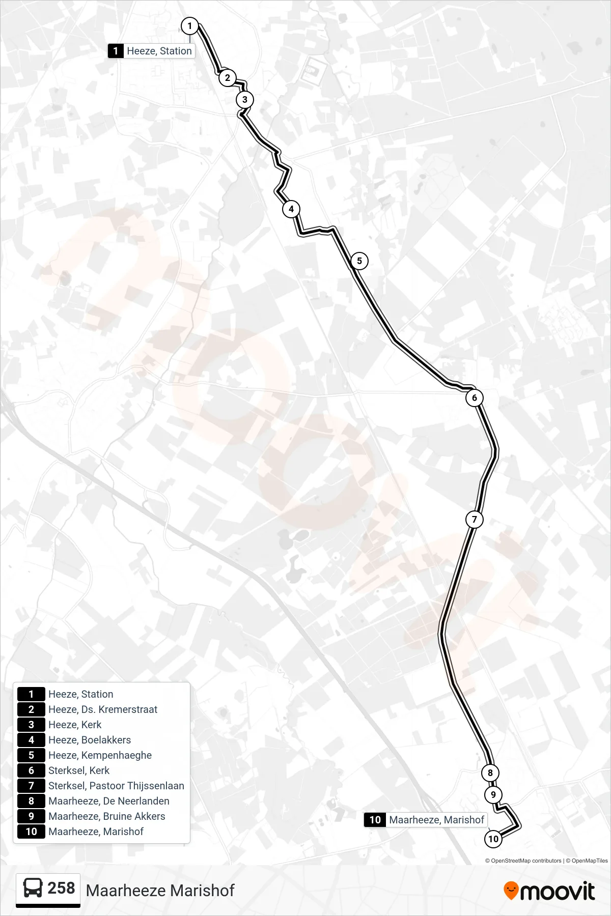 Lijn 258 (bus, Maarheeze Marishof): route en haltes op de kaart