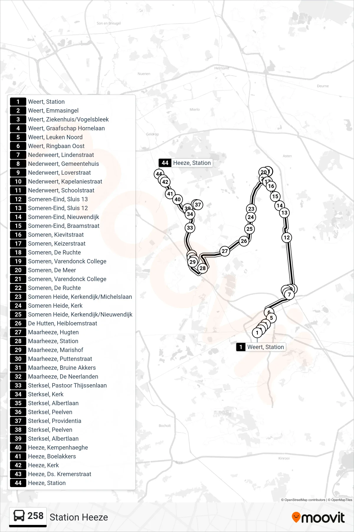258 bus Line (Station Heeze) route and stops on a map