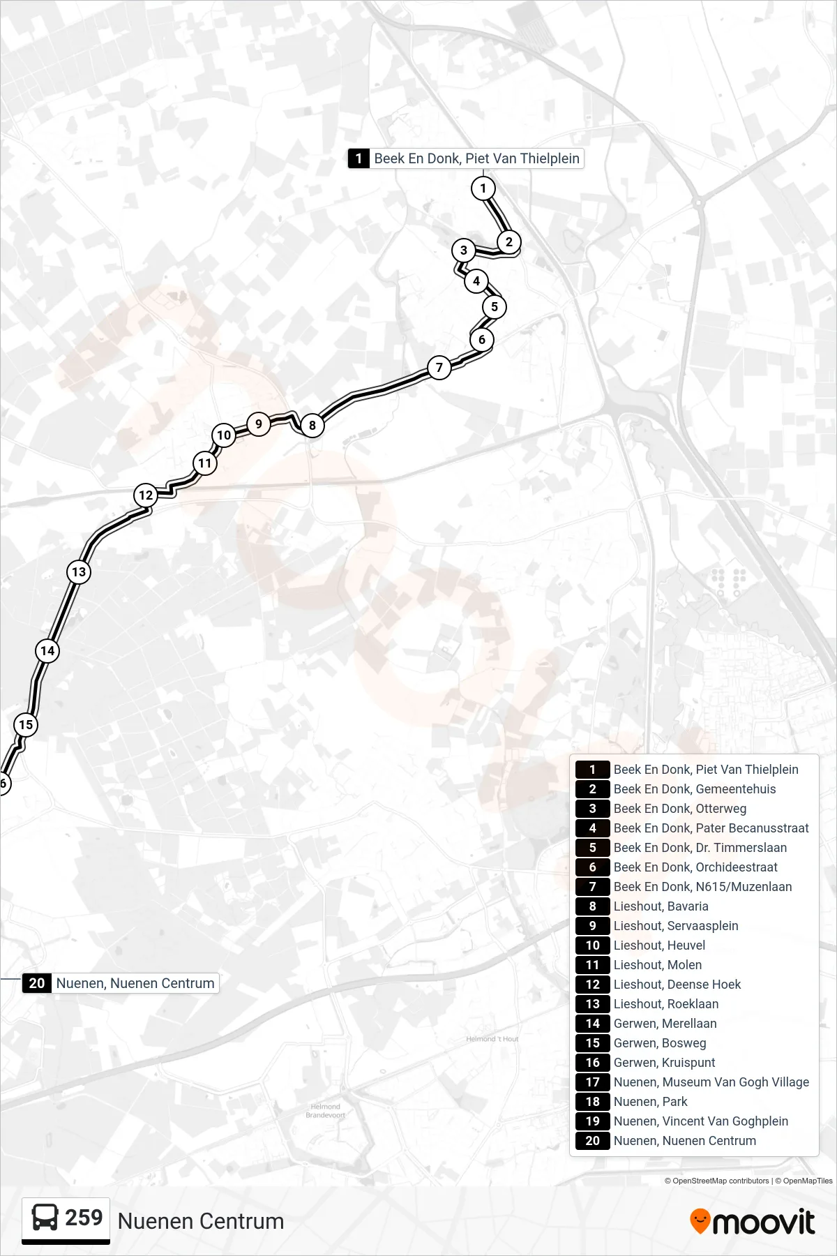 Lijn 259 (bus, Nuenen Centrum): route en haltes op de kaart