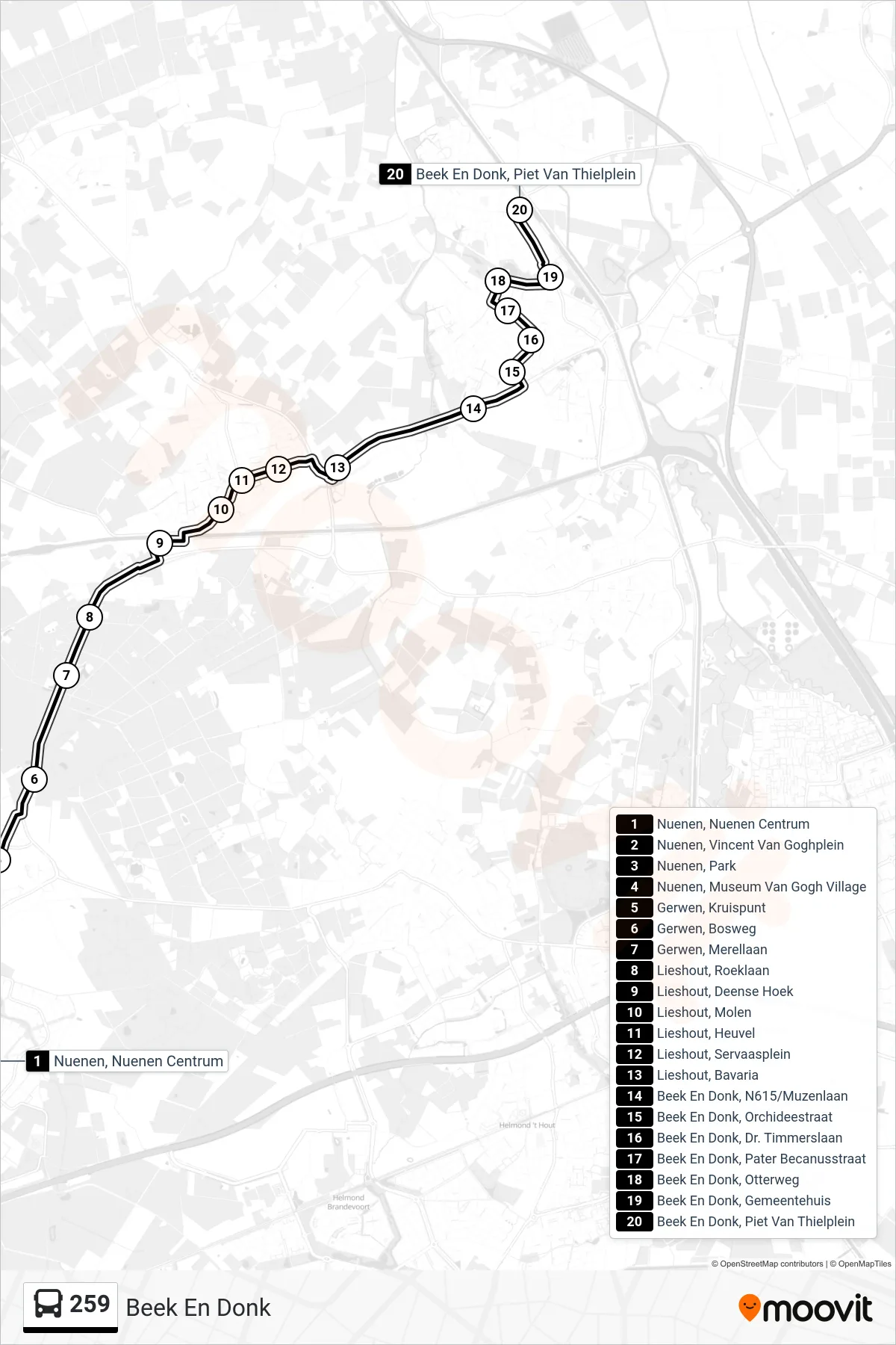 Lijn 259 (bus, Beek En Donk): route en haltes op de kaart