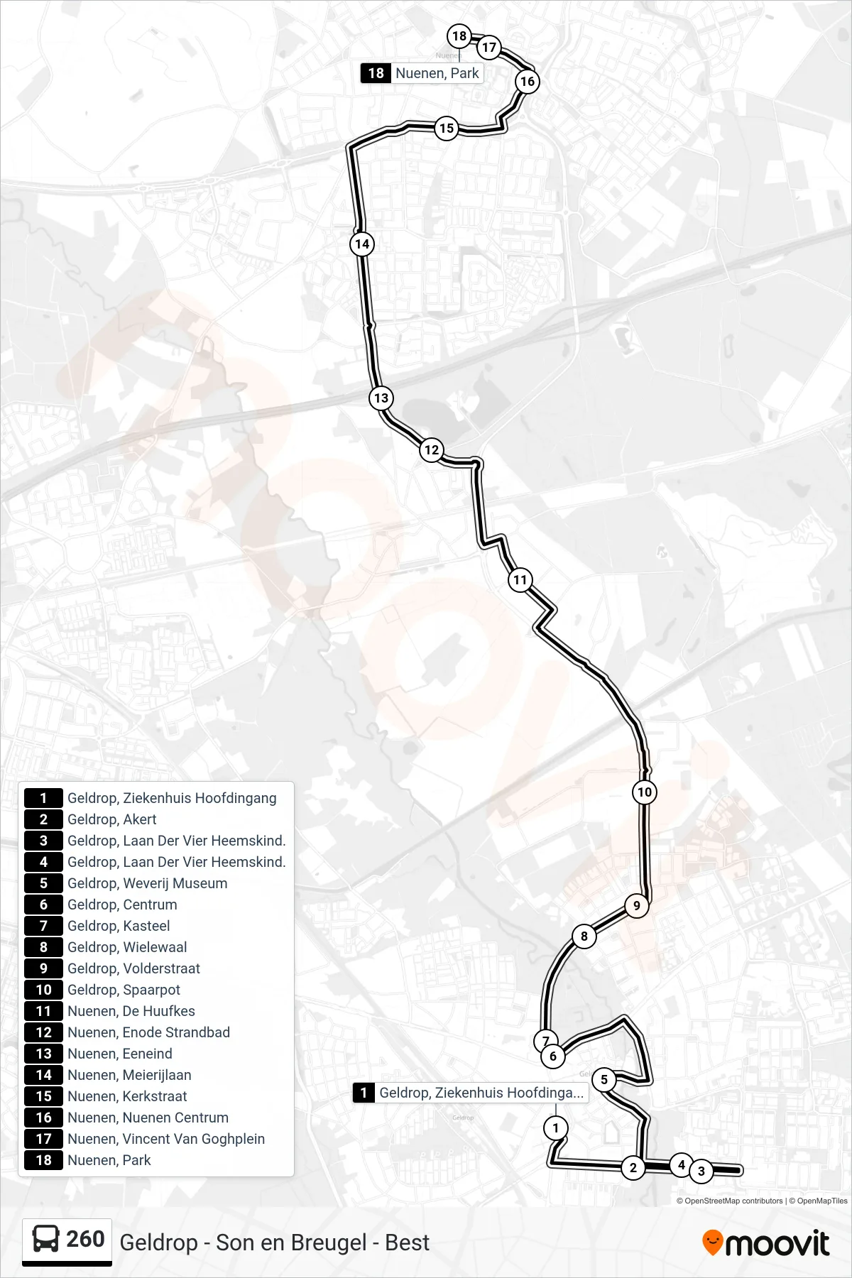 Lijn 260 (bus, Nuenen Park): route en haltes op de kaart