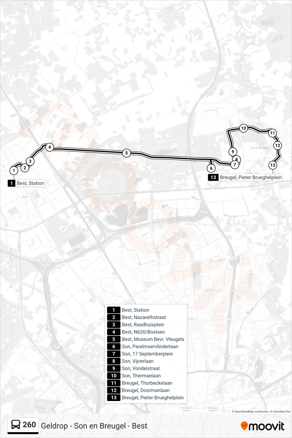 Lijn 260 (bus, Breugel): route en haltes op de kaart