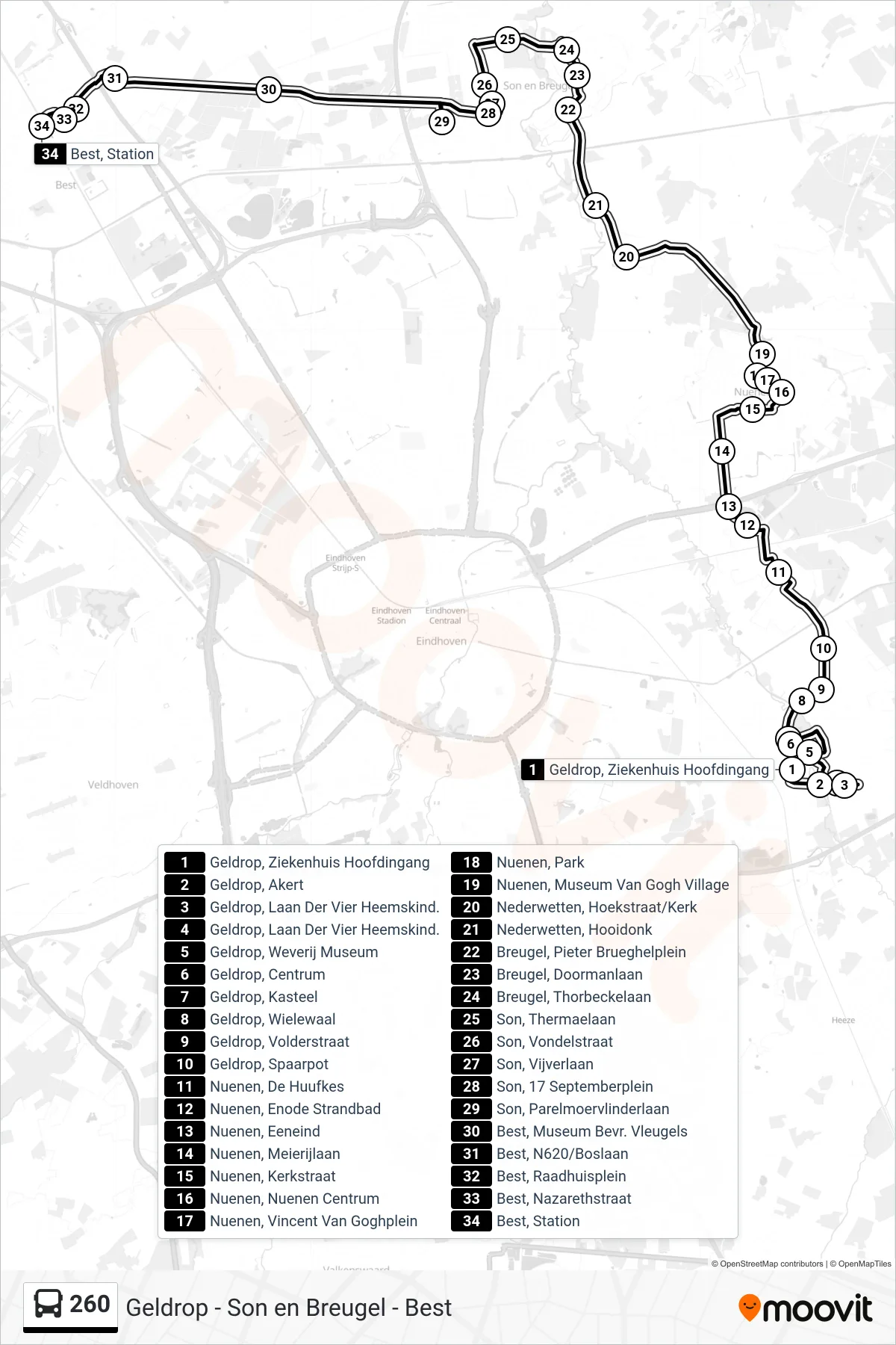 Lijn 260 (bus, Best Station): route en haltes op de kaart