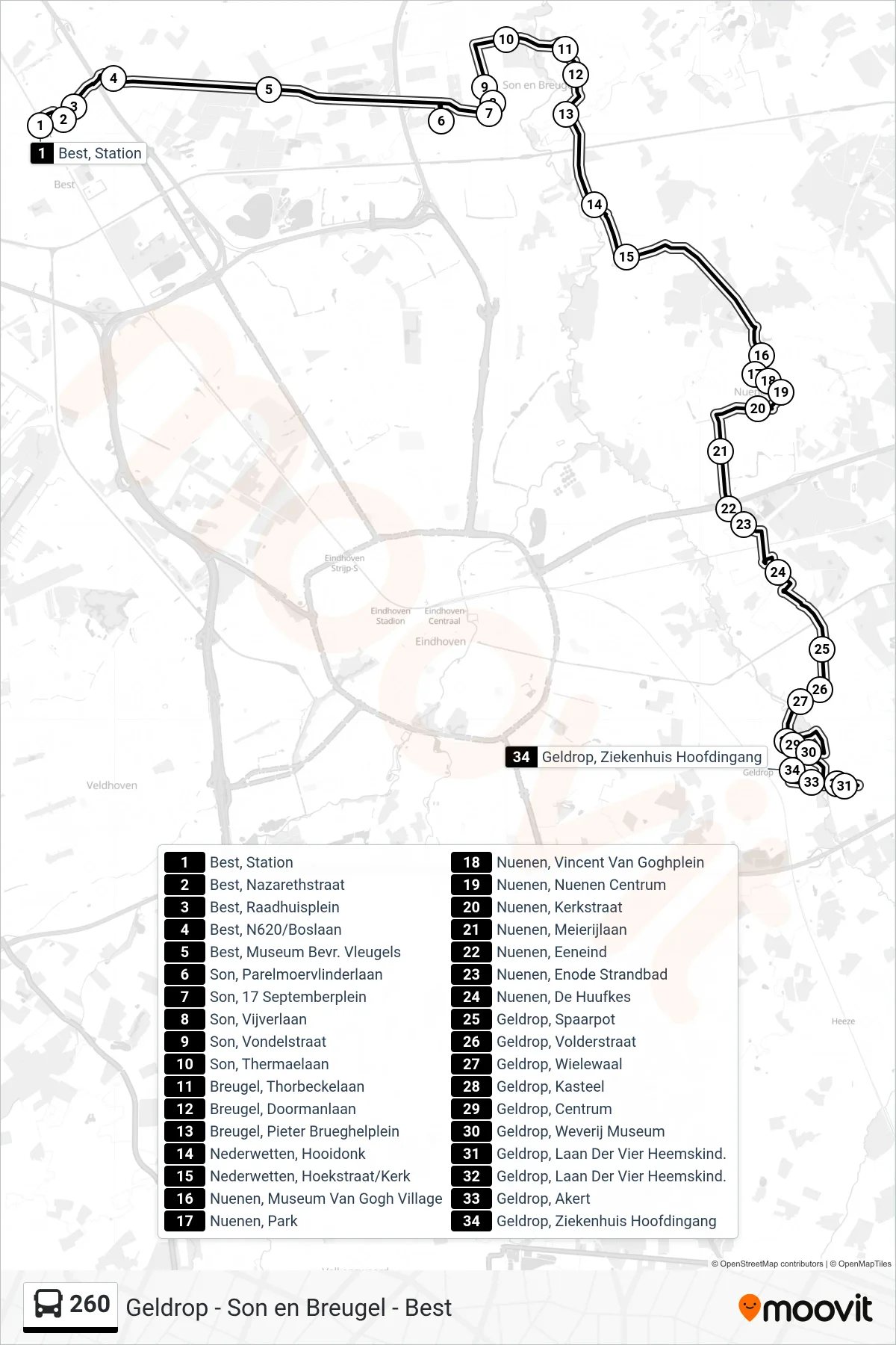 Lijn 260 (bus, Geldrop Ziekenh): route en haltes op de kaart