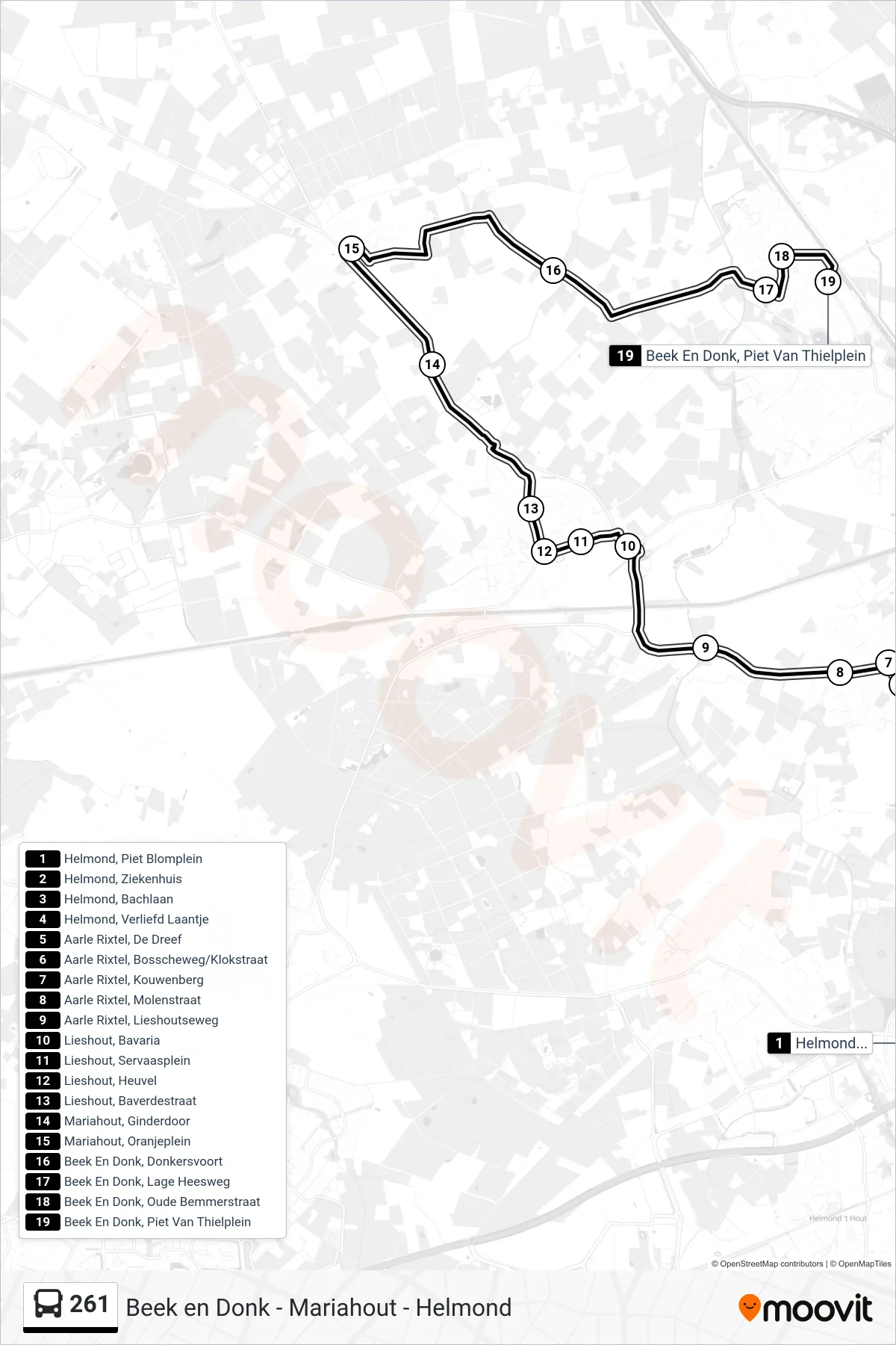 261 bus Line (Beek En Donk) route and stops on a map