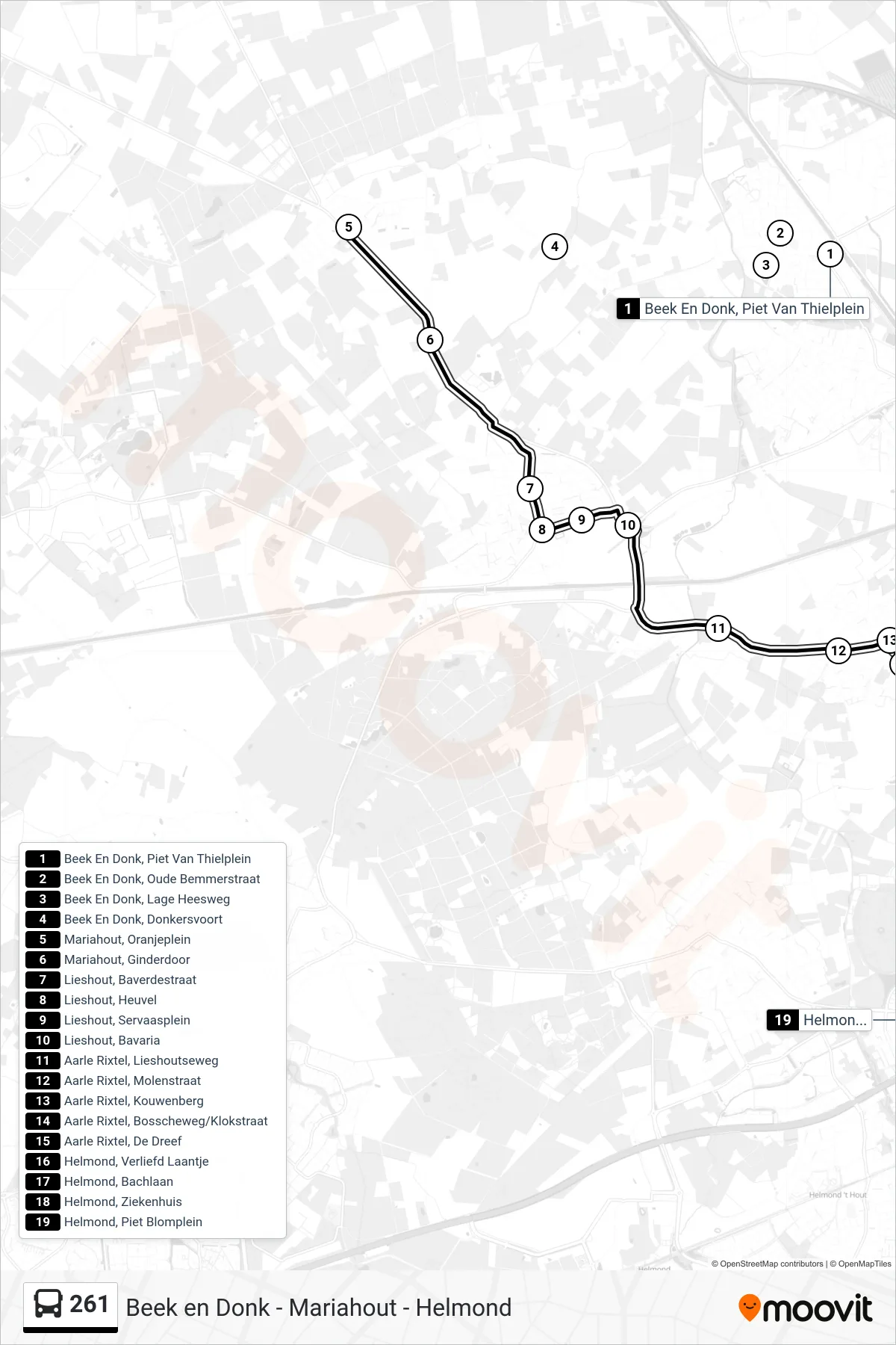 261 bus Line (Helmond) route and stops on a map