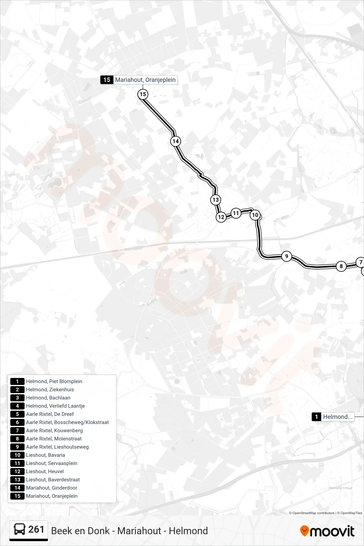 Lijn 261 (bus, Mariahout Oranjeplein): route en haltes op de kaart