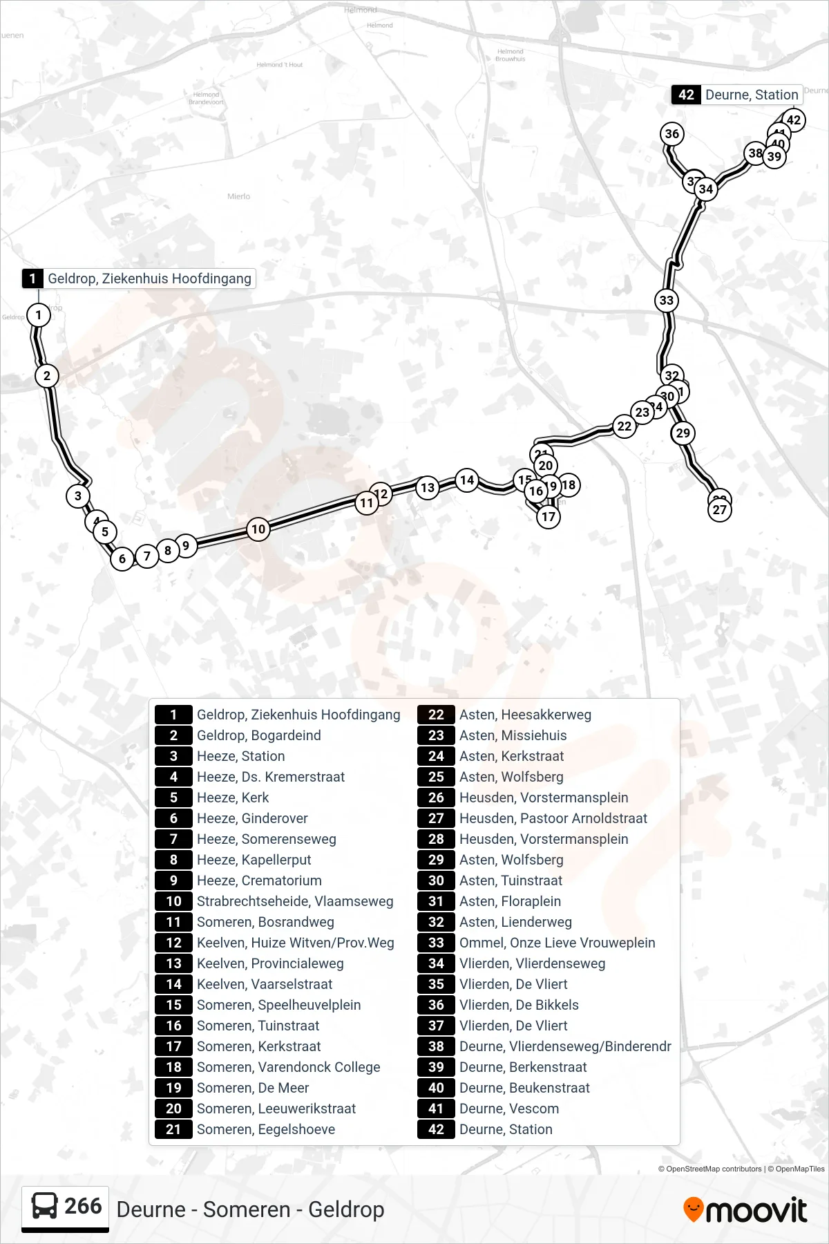 Lijn 266 (bus, Deurne Station): route en haltes op de kaart