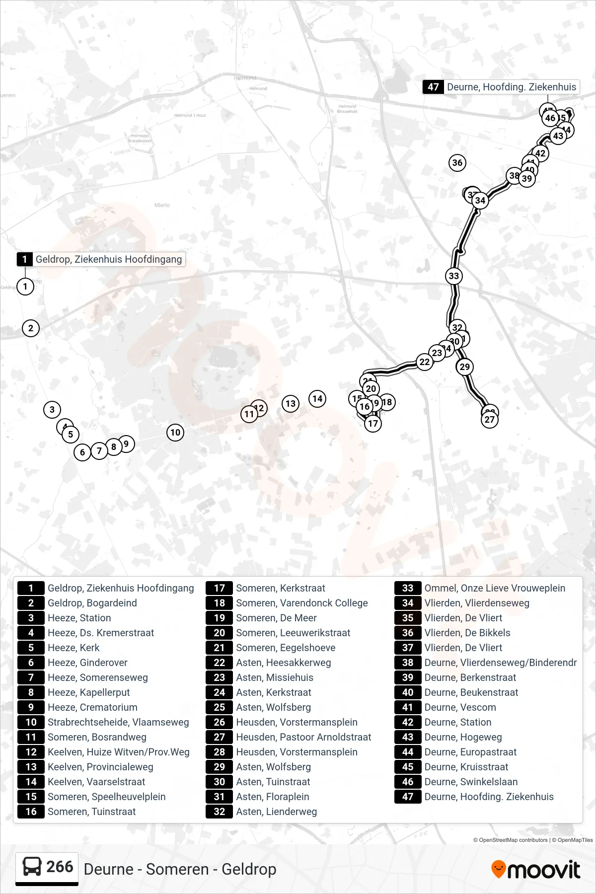 266 bus Line (Deurne) route and stops on a map