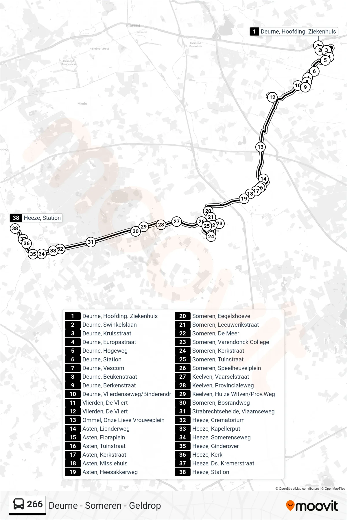 266 bus Line (Heeze Station) route and stops on a map