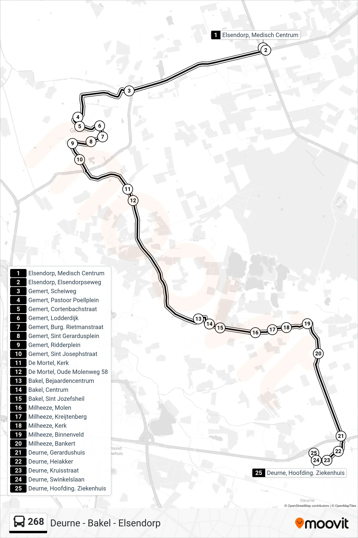Lijn 268 (bus, Deurne Hoofding. Ziekenhuis): route en haltes op de kaart